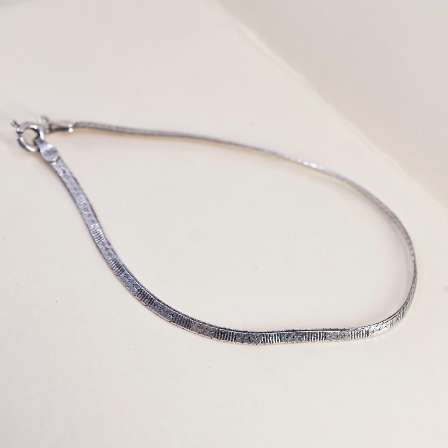 7.5", Vintage Italian sterling silver textured herringbone bracelet, 925 chain