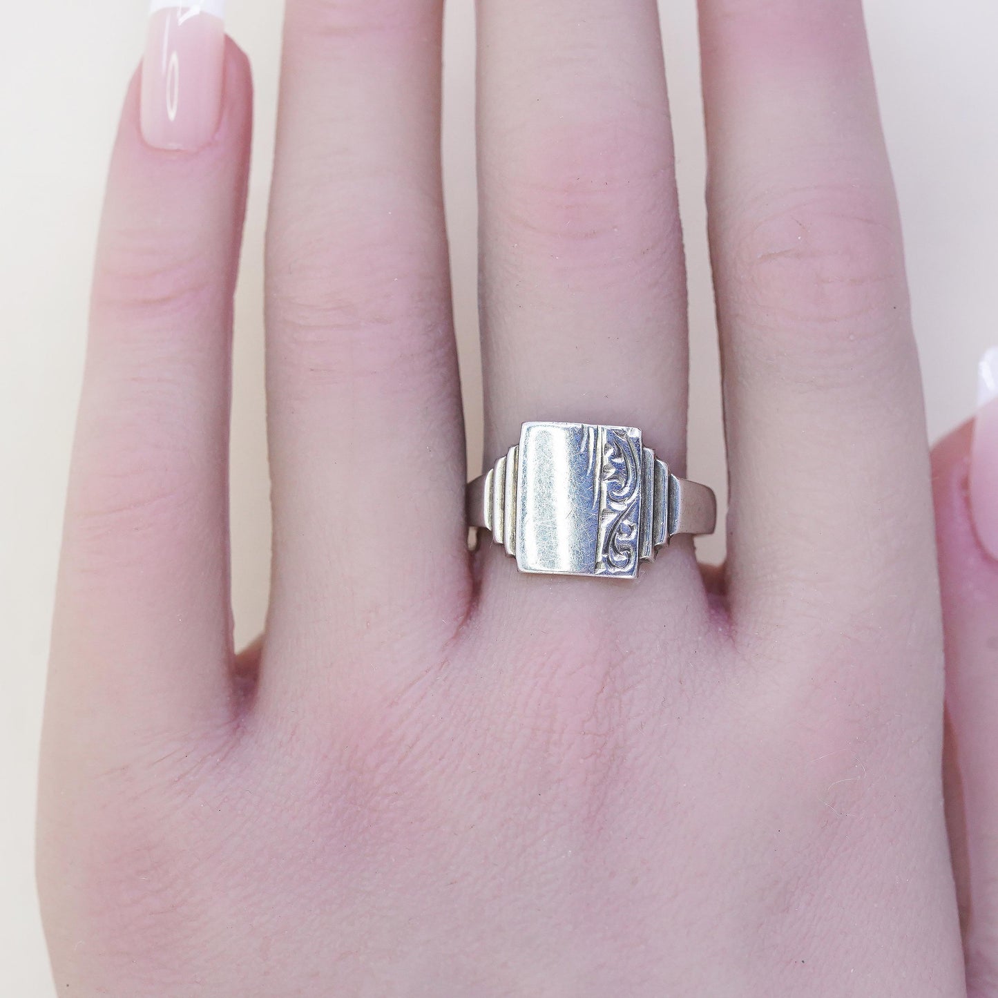 Size 9.5, Vintage Sterling Silver Signet Ring, Art Deco Engraved Ring, Unisex