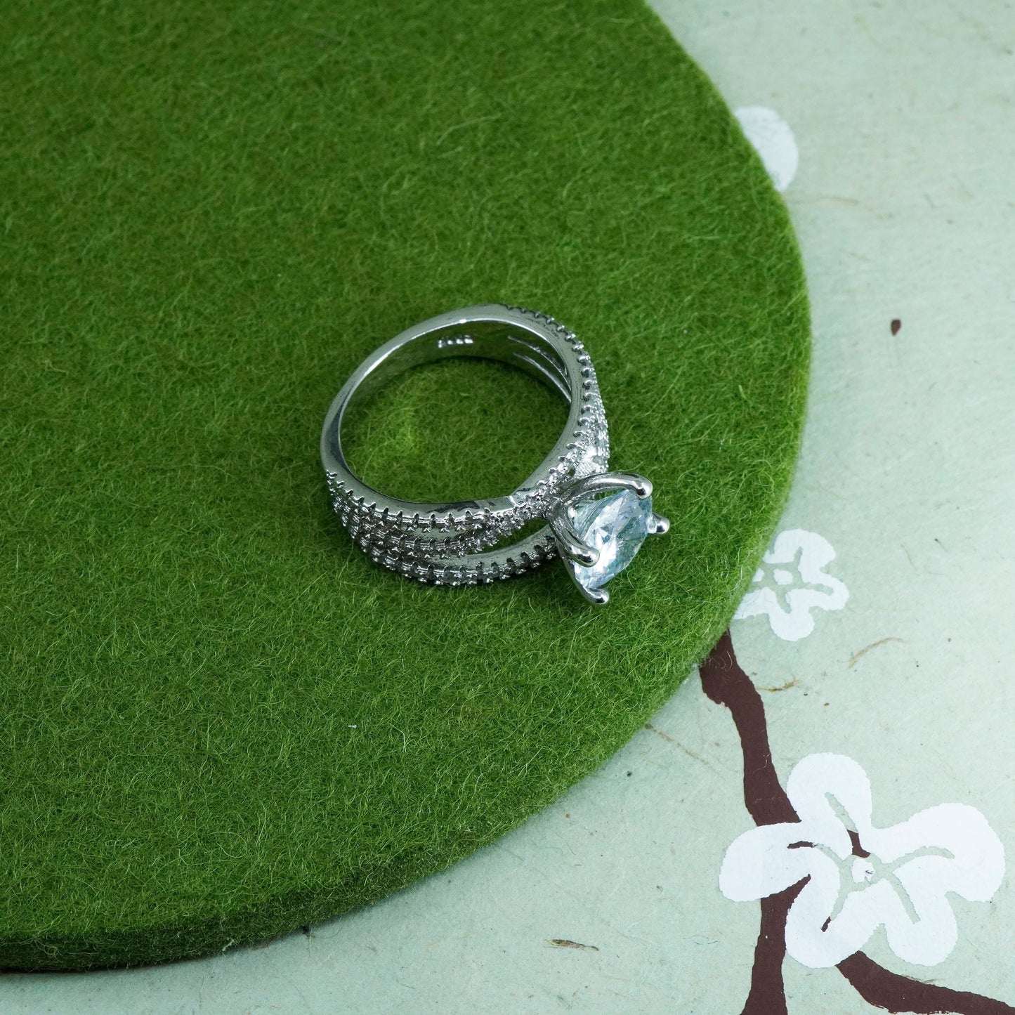Size 6, vintage sterling silver engagement ring with cluster cz