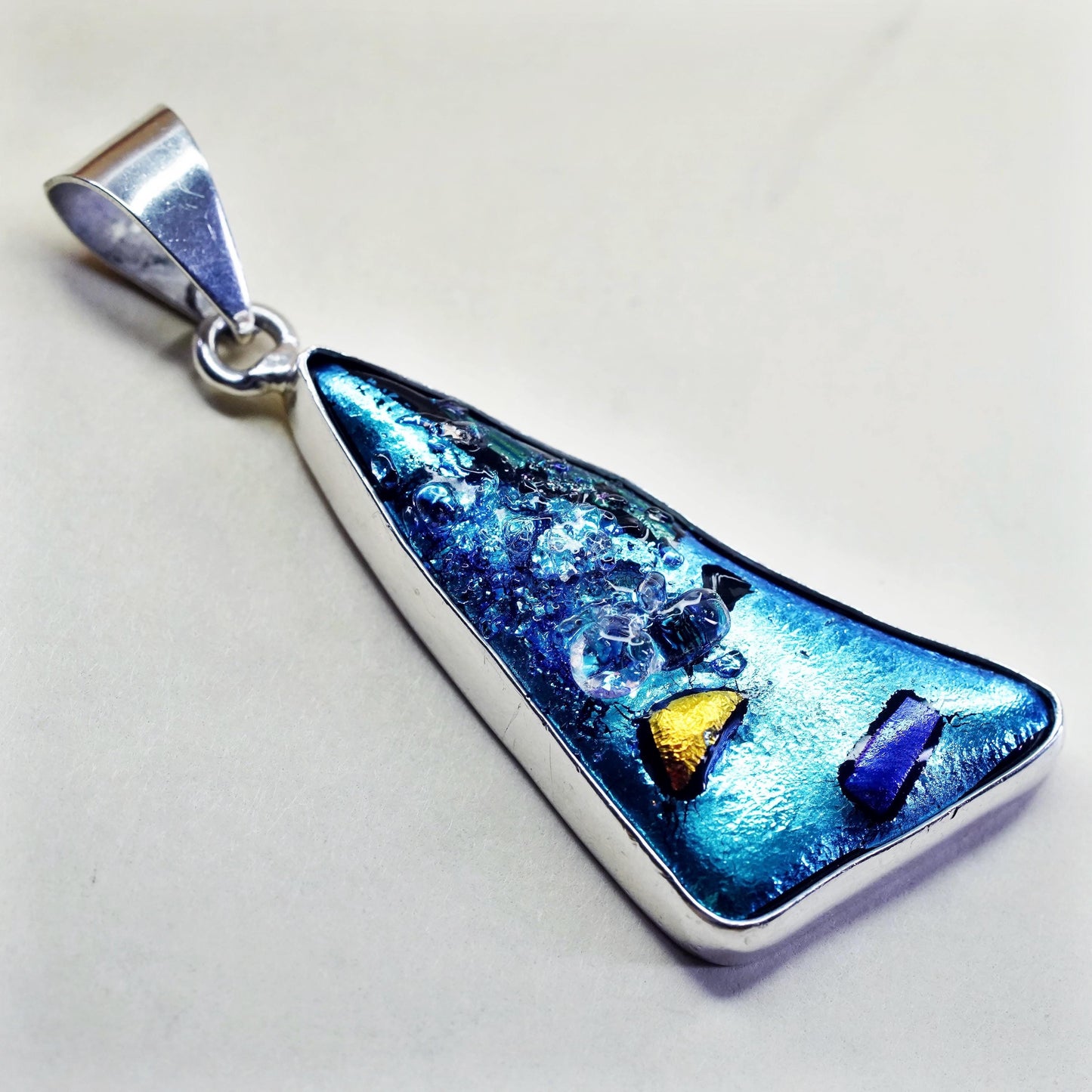 sterling 925 silver with blue metallic dichroic foiled glass triangle pendant