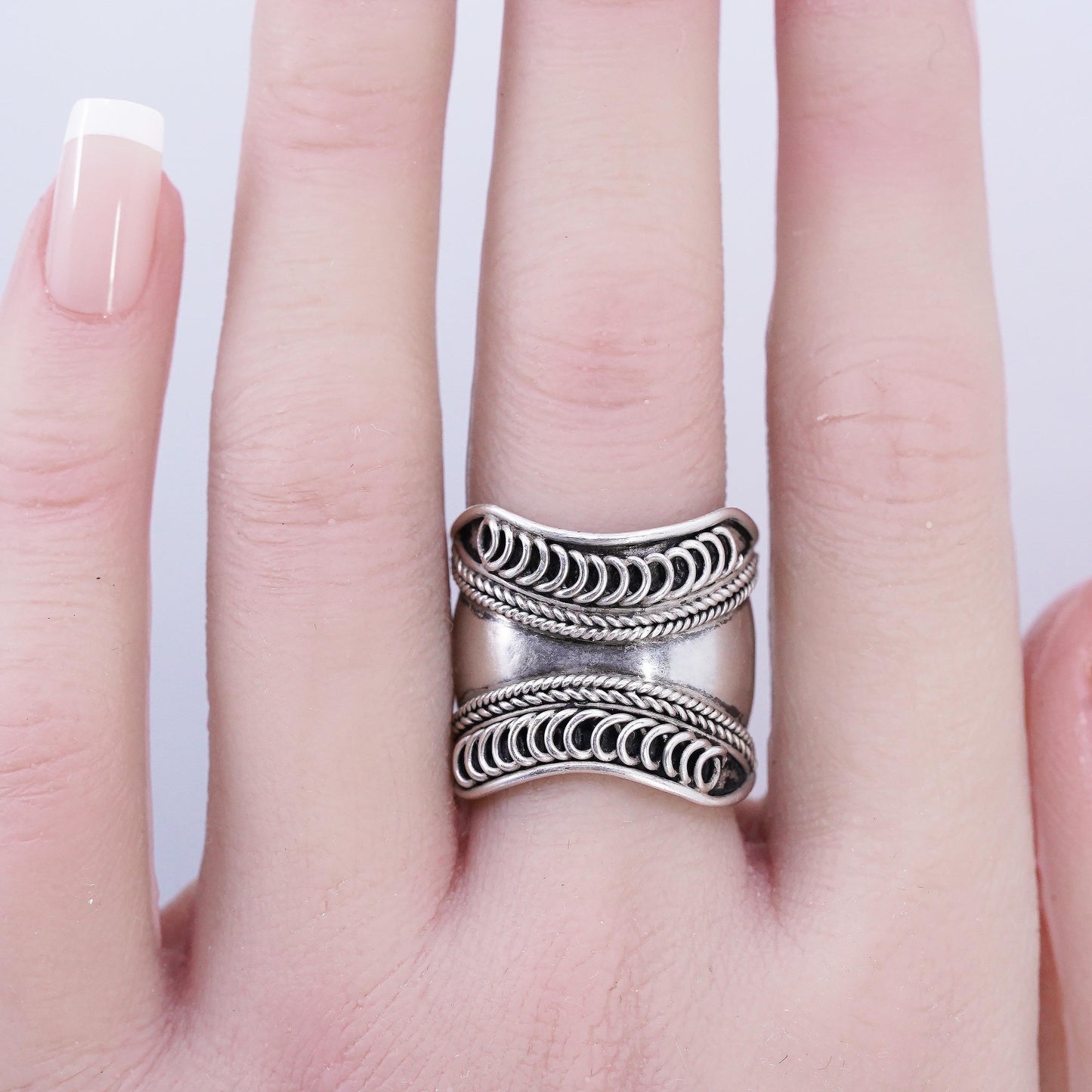 Size 9, Sterling Silver Wide Cigar Band Ring, Boho Ring, Openwork Rope 925 Band