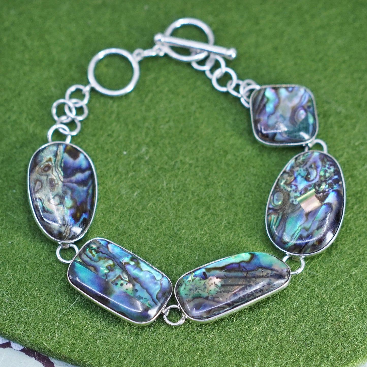 7.75”, vintage LUC 925 sterling silver handmade bracelet with abalone inlay