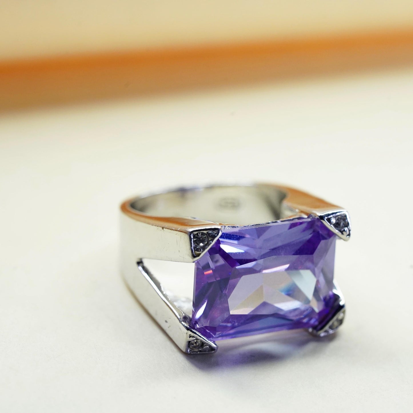 Size 6, vintage Sterling silver cocktail ring, 925 with amethyst and Cz details
