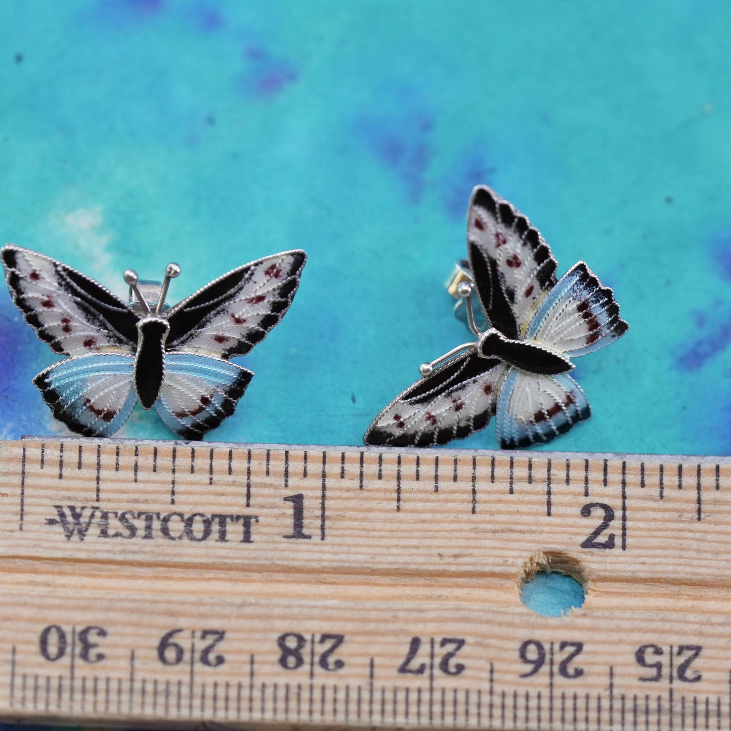 Vintage Sterling silver handmade earrings, 925 enamel butterfly studs