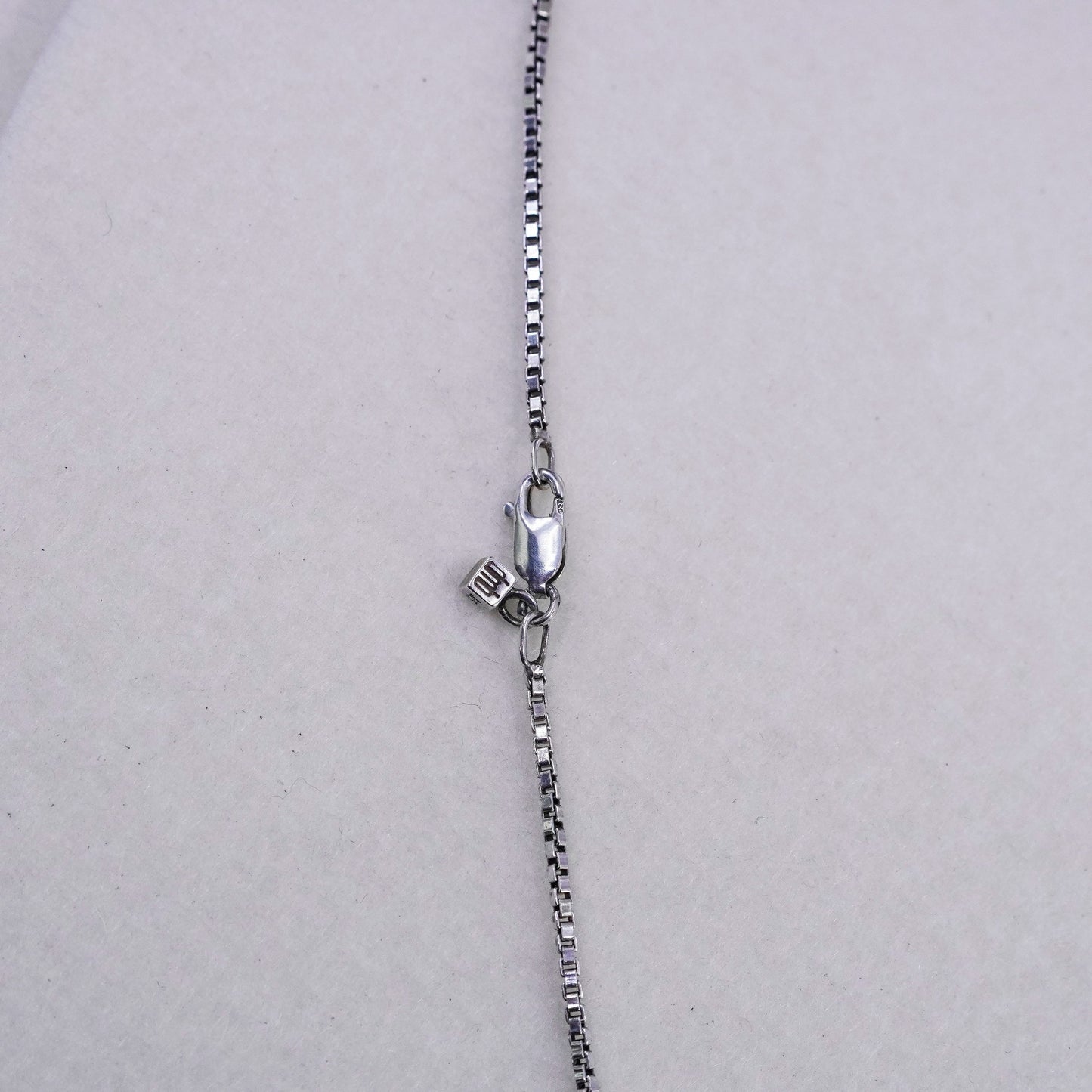 16”, vintage Sterling 925 silver box chain necklace with blue crystal pendant