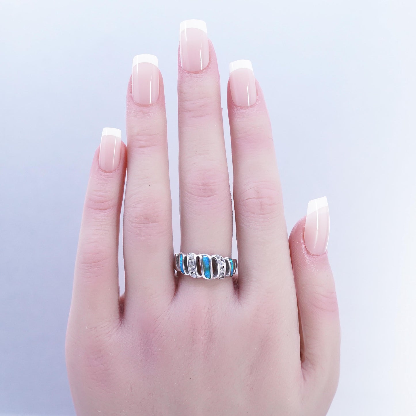 Size 8, vintage Sterling 925 silver handmade ring with opal and cz