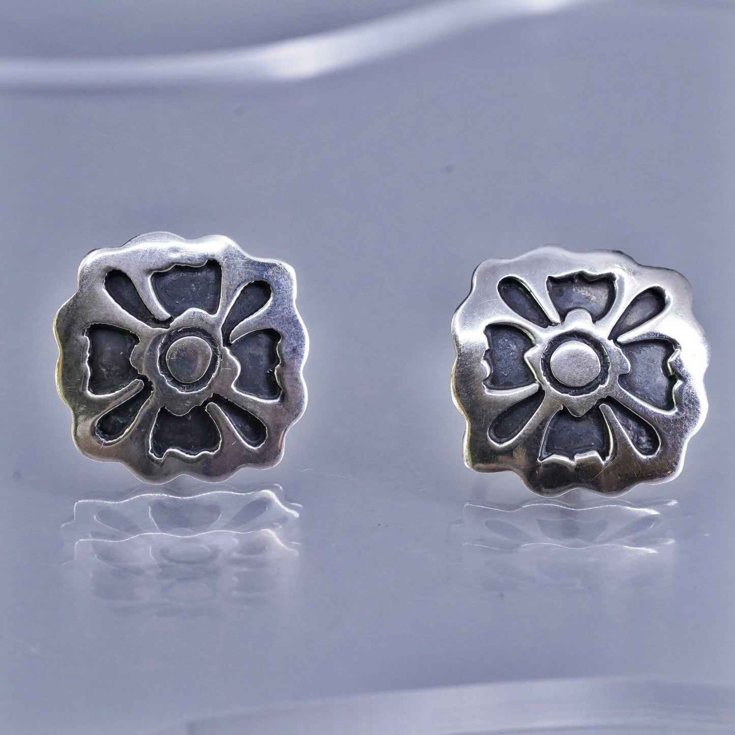 Vintage Mexican Sterling 925 silver handmade earrings, floral screw back