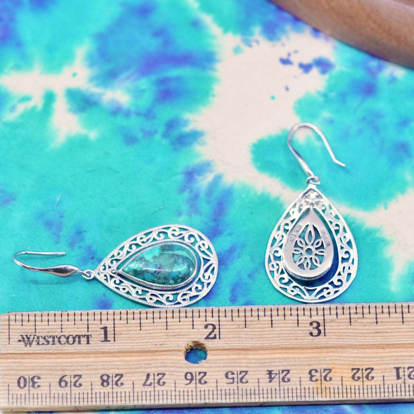 southwestern Sterling 925 silver filigree teardrop earrings with turquoise