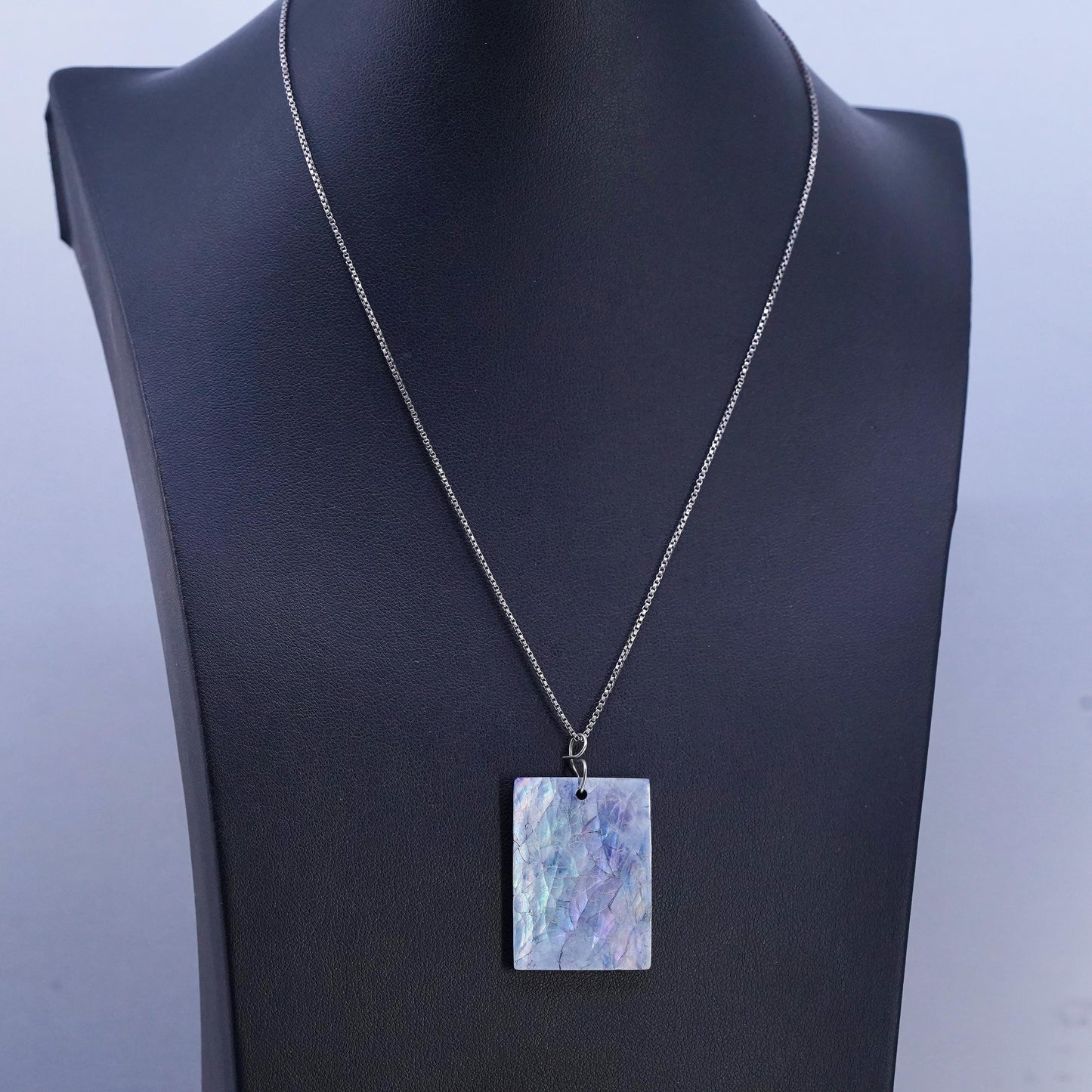 17" 1mm, vintage Sterling 925 silver box necklace with abalone shell pendant