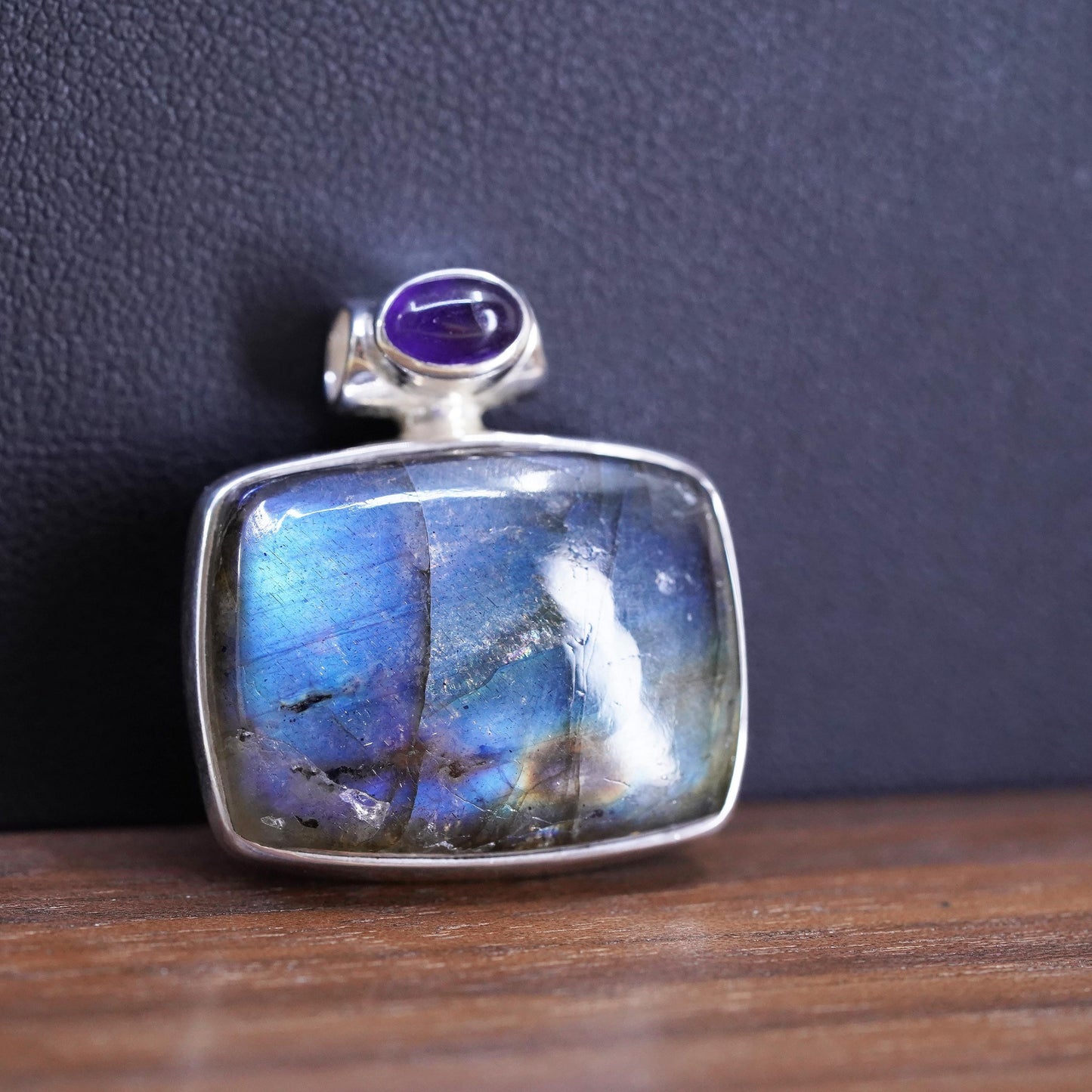 Vintage Sterling 925 silver handmade pendant with blue labradorite and amethyst