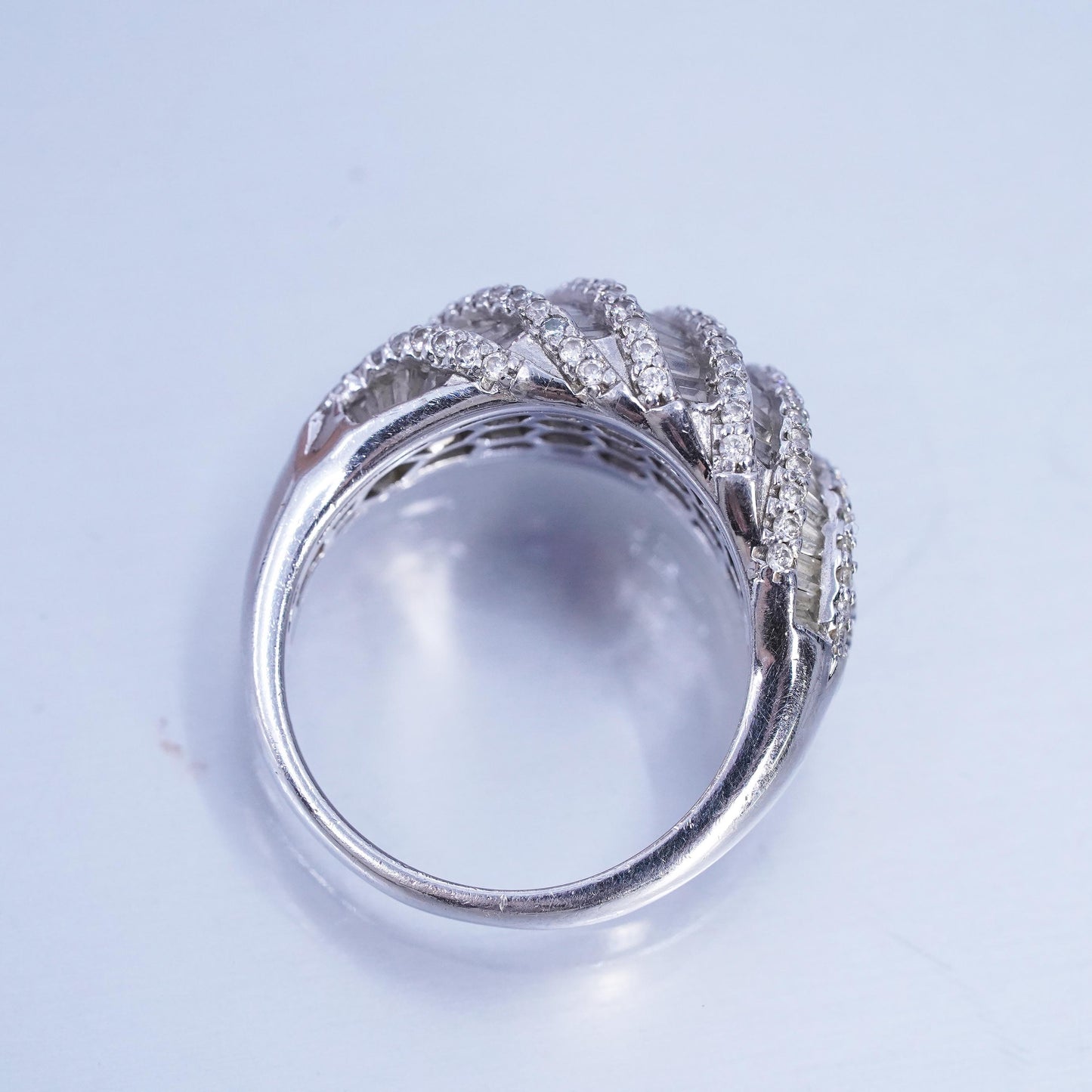 Size 9.25, vintage Sterling 925 silver woven ring with cluster diamonique cz