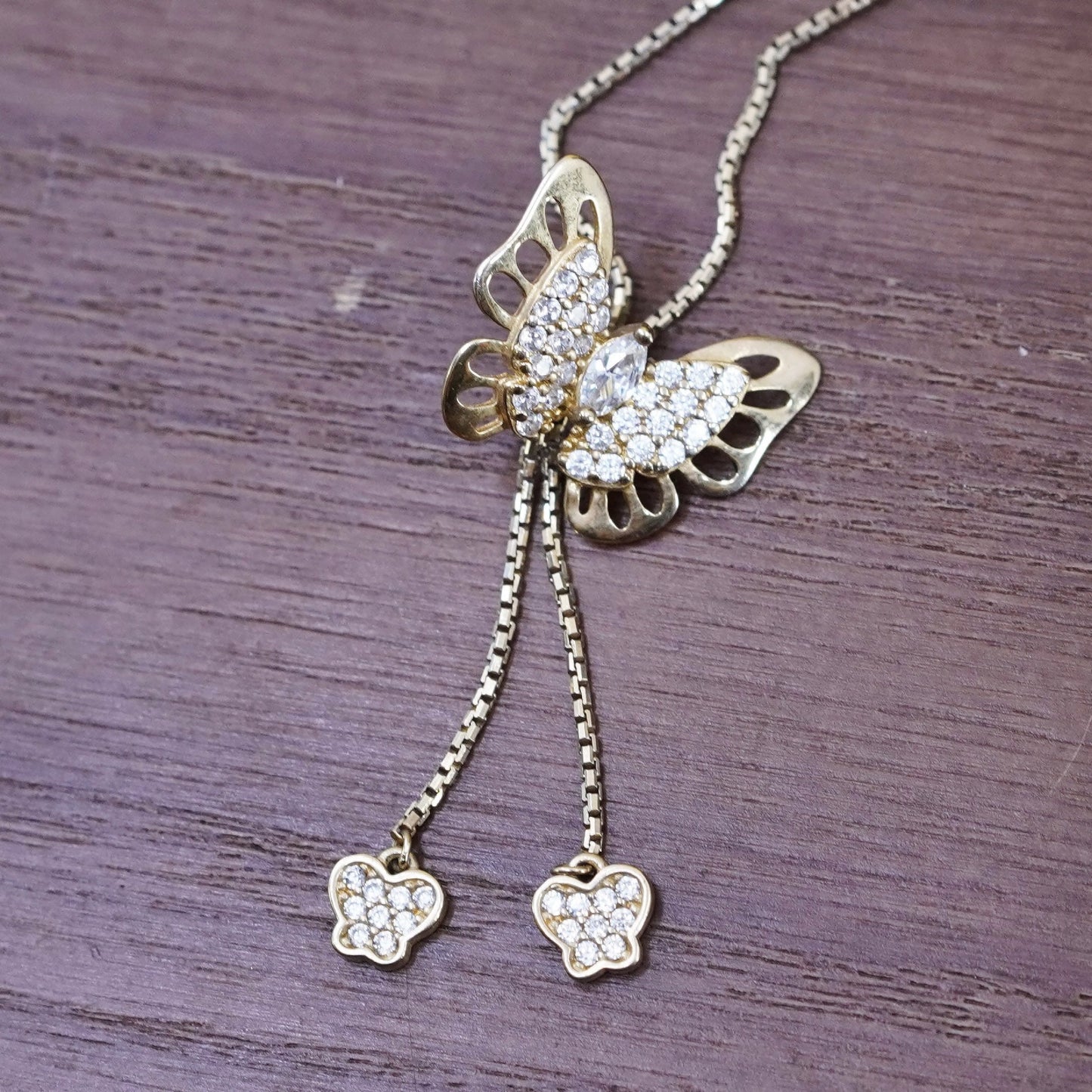 28” vermeil gold over Sterling silver necklace, 925 box chain butterfly pendant