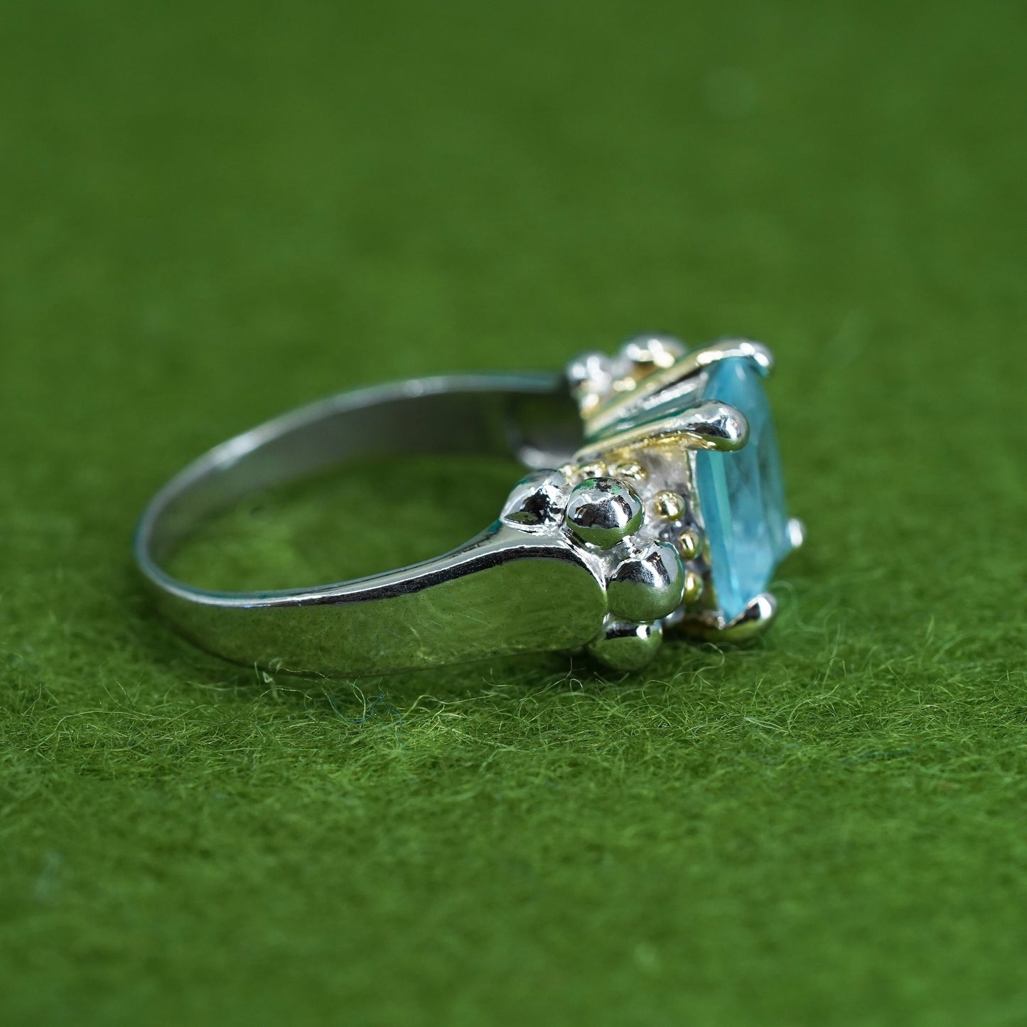 Size 7, two tone Sterling silver ring, 925 band topaz and 14K yellow gold beads