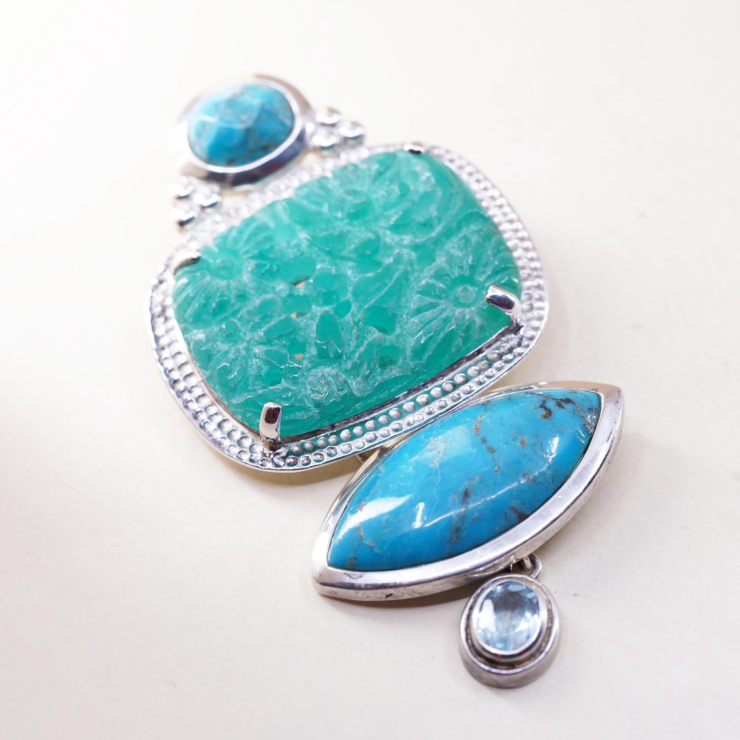 AKR Amy Kahn Russell Pendant Turquoise Carved Jade Brooch Sterling 925 Silver