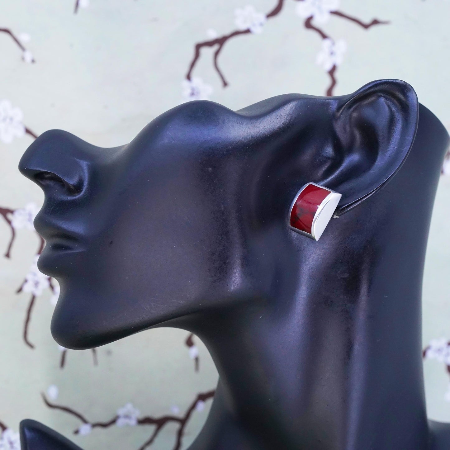Vintage Mexican Sterling silver handmade earrings, 925 silver studs red jasper