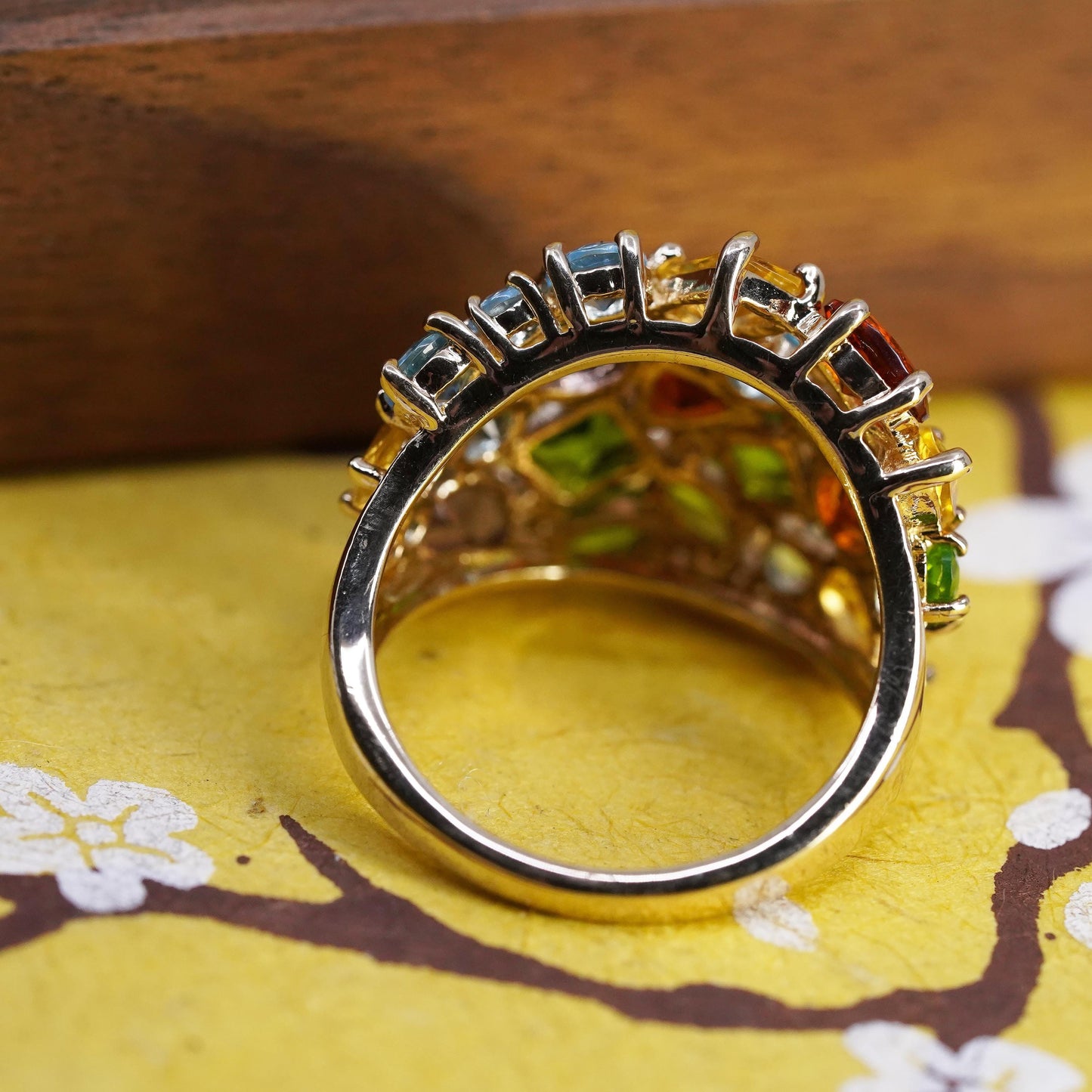 Size 9.75, yellow gold plated Sterling 925 silver ring citrine ruby peridot