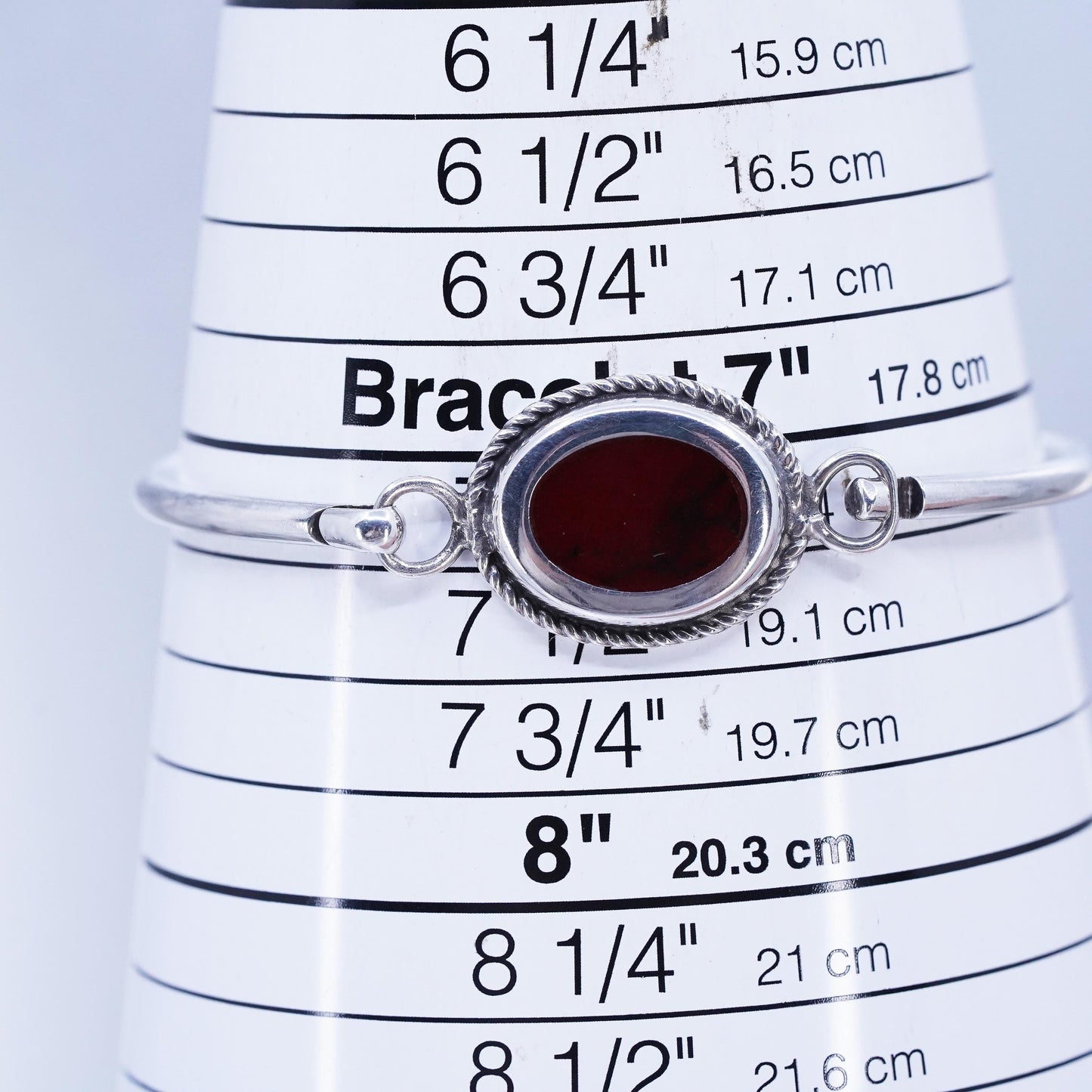 7.25”, Mexican Sterling 925 silver bracelet, hinged bangle with red jasper