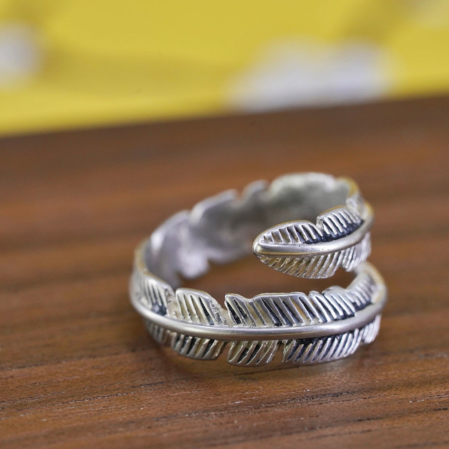 Size adjustable, vintage Sterling silver handmade ring, 925 feather wrap band