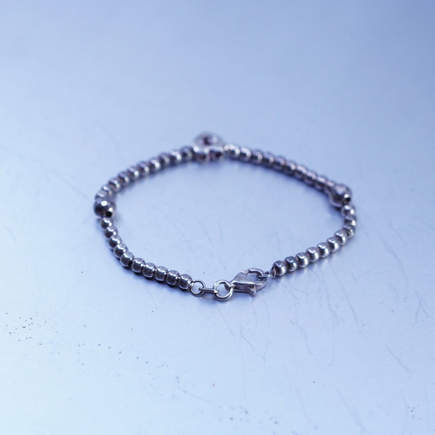5.5”, Vintage Sterling 925 silver handmade bead bracelet chain with heart charm