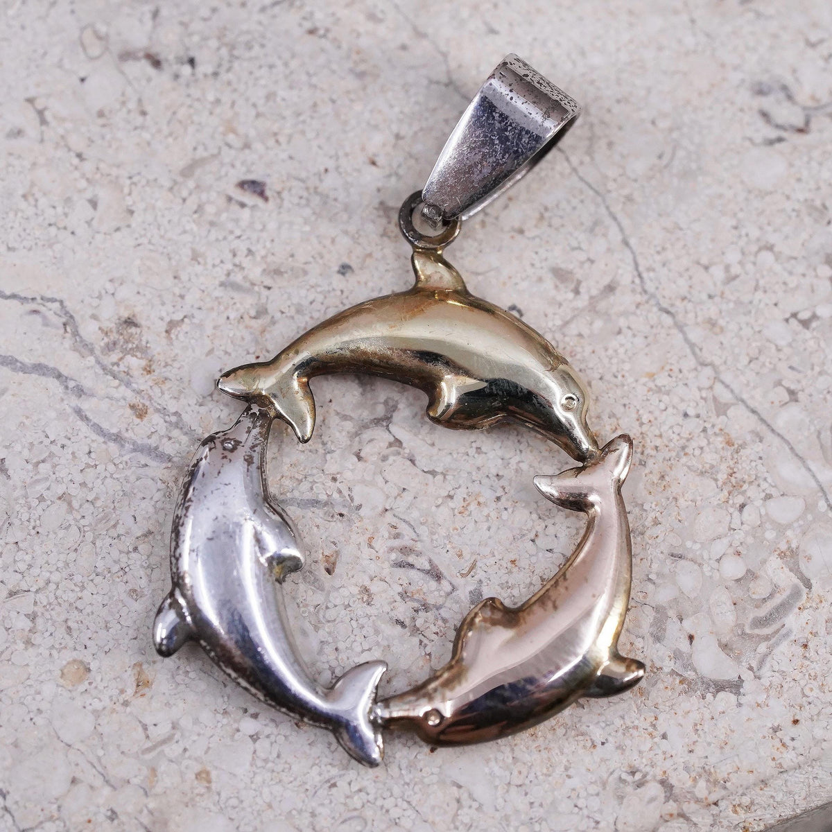 Vintage 1/20 14K yellow gold Sterling silver Dolphin Circle pendant, 925 charm