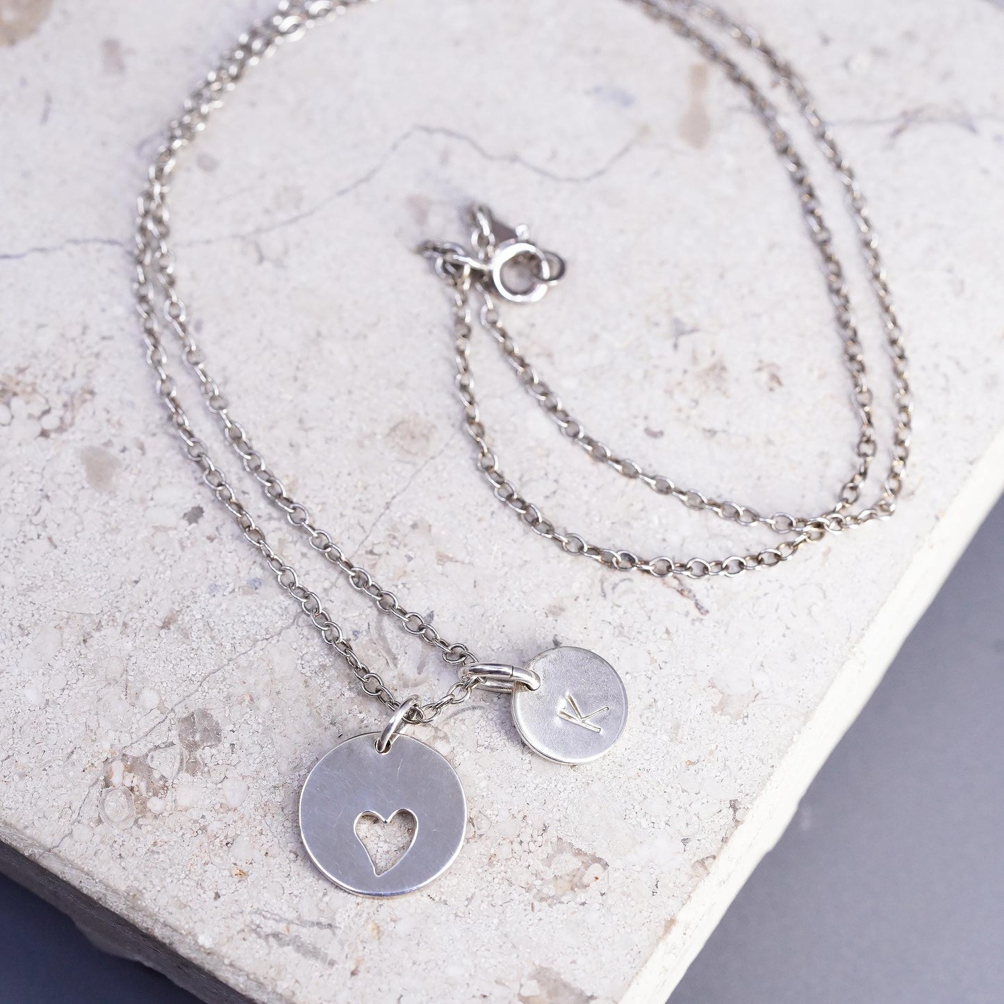 16", 1mm, vintage Sterling silver necklace, 925 circle chain heart tag letter K