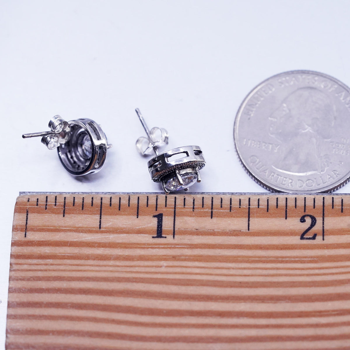 Vintage Sterling 925 silver handmade earrings, circle studs with cluster Cz