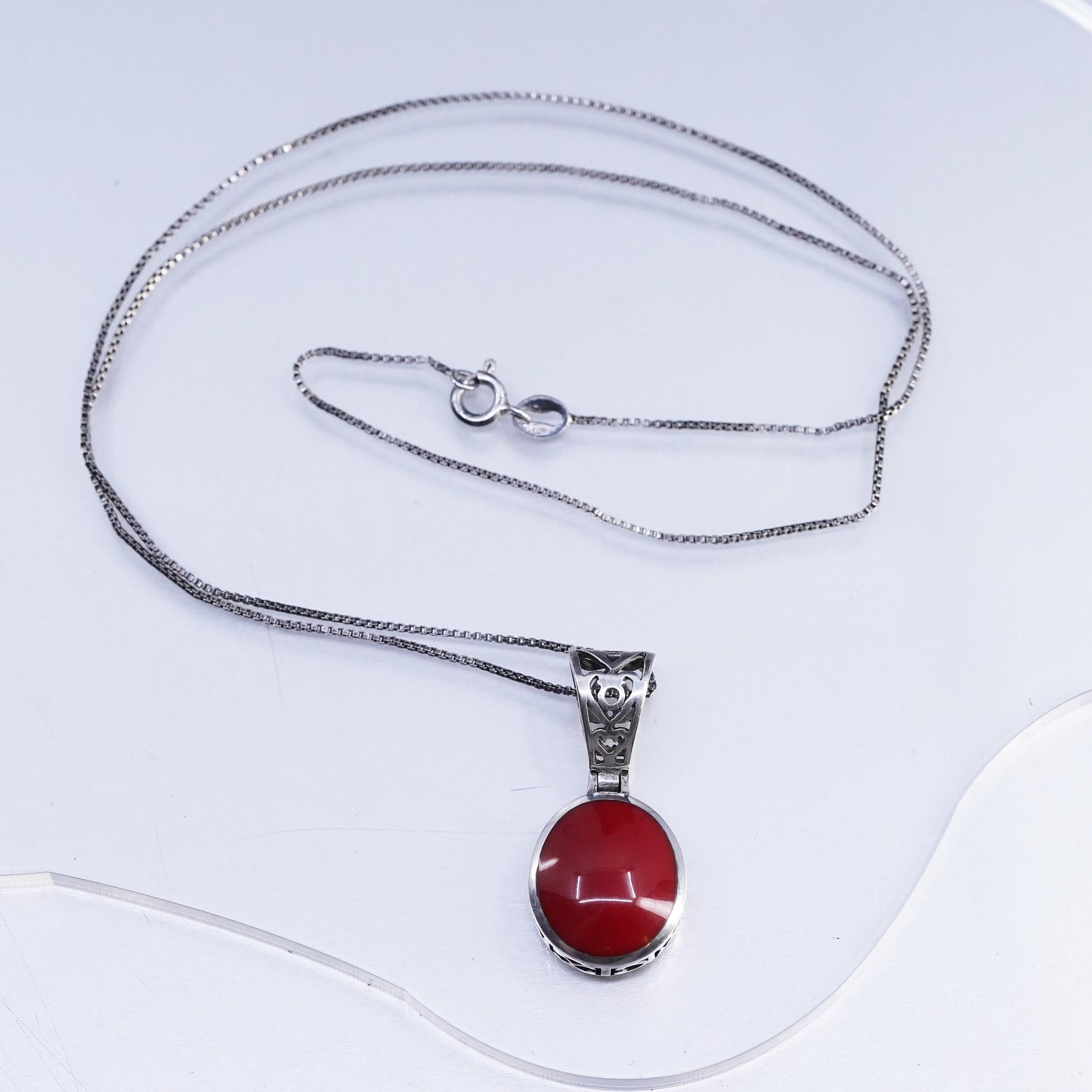 21", vintage Sterling 925 silver handmade box chain necklace red Onyx pendant