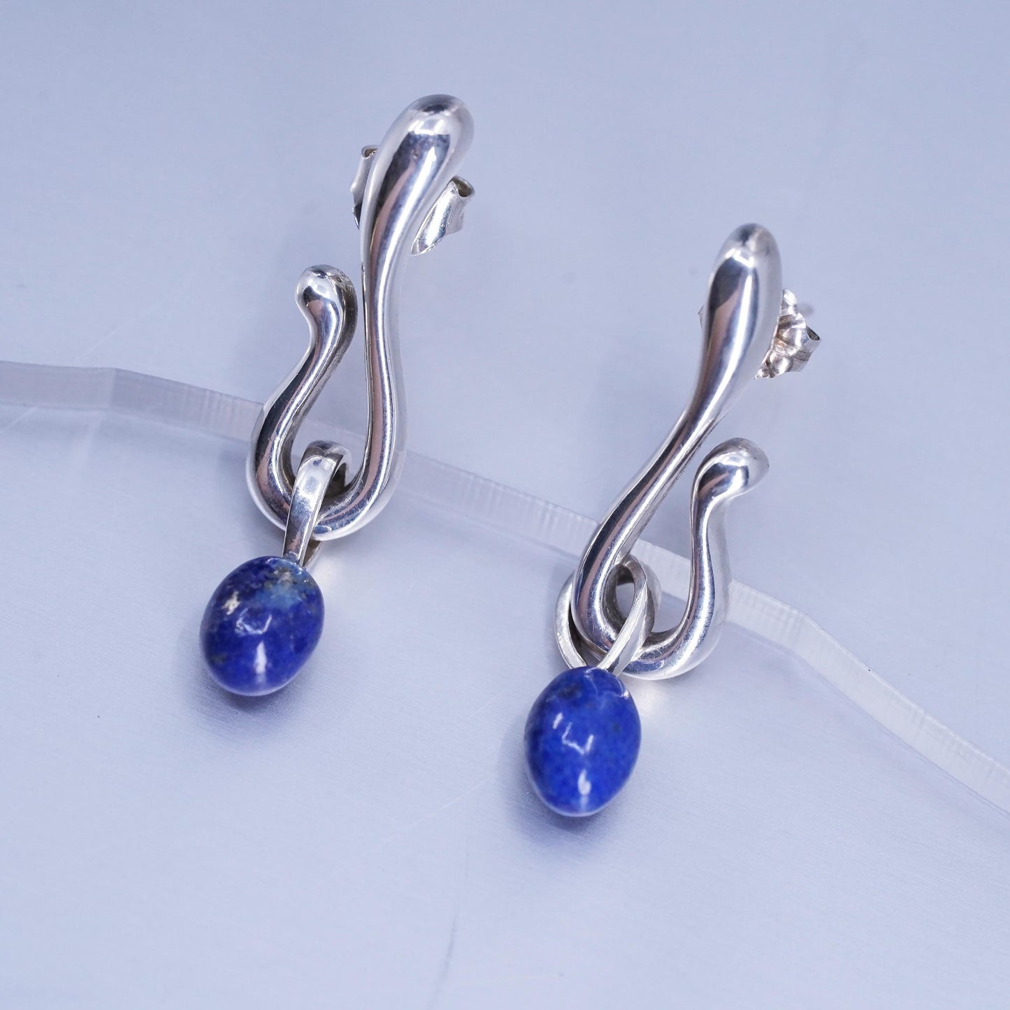Vintage Angela Commings Sterling 925 silver earrings with oval lapis lazuli