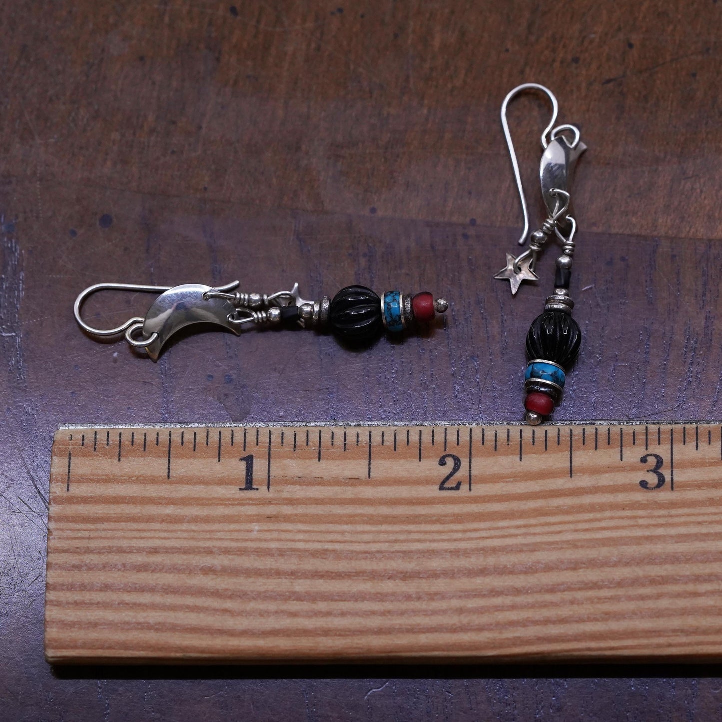 Native American Sterling 925 silver moon star earrings onyx turquoise