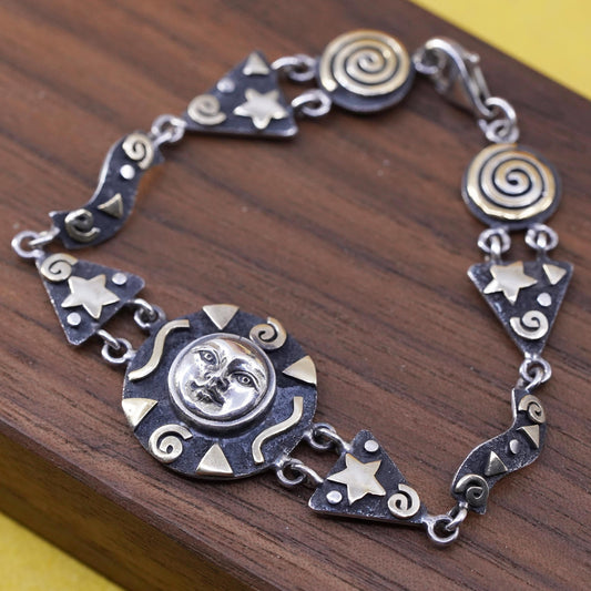 6.5", vintage two tone Sterling silver handmade bracelet, 925 sun face charm