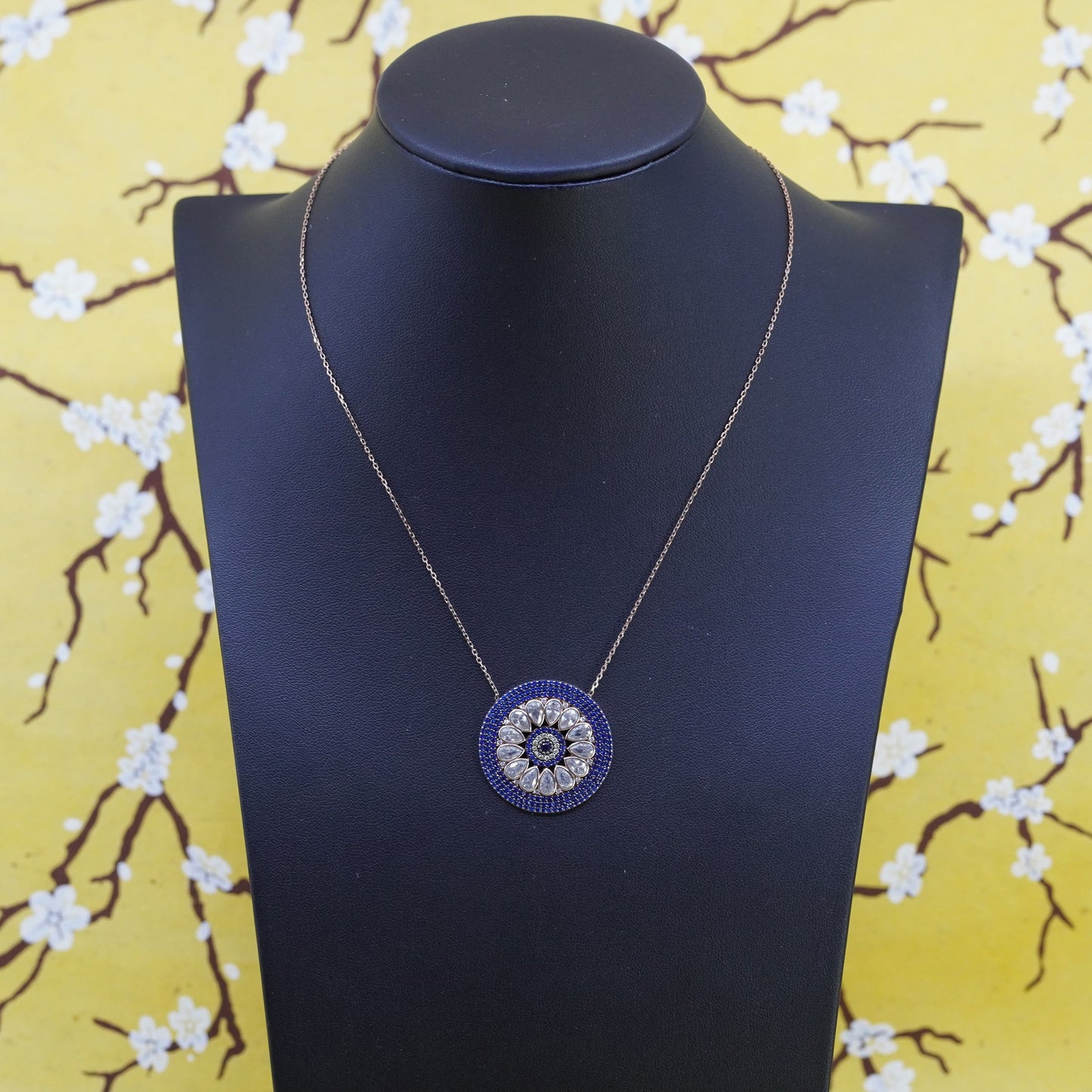 16+2”, vermeil gold Sterling silver necklace, 925 circle chain sapphire pendant