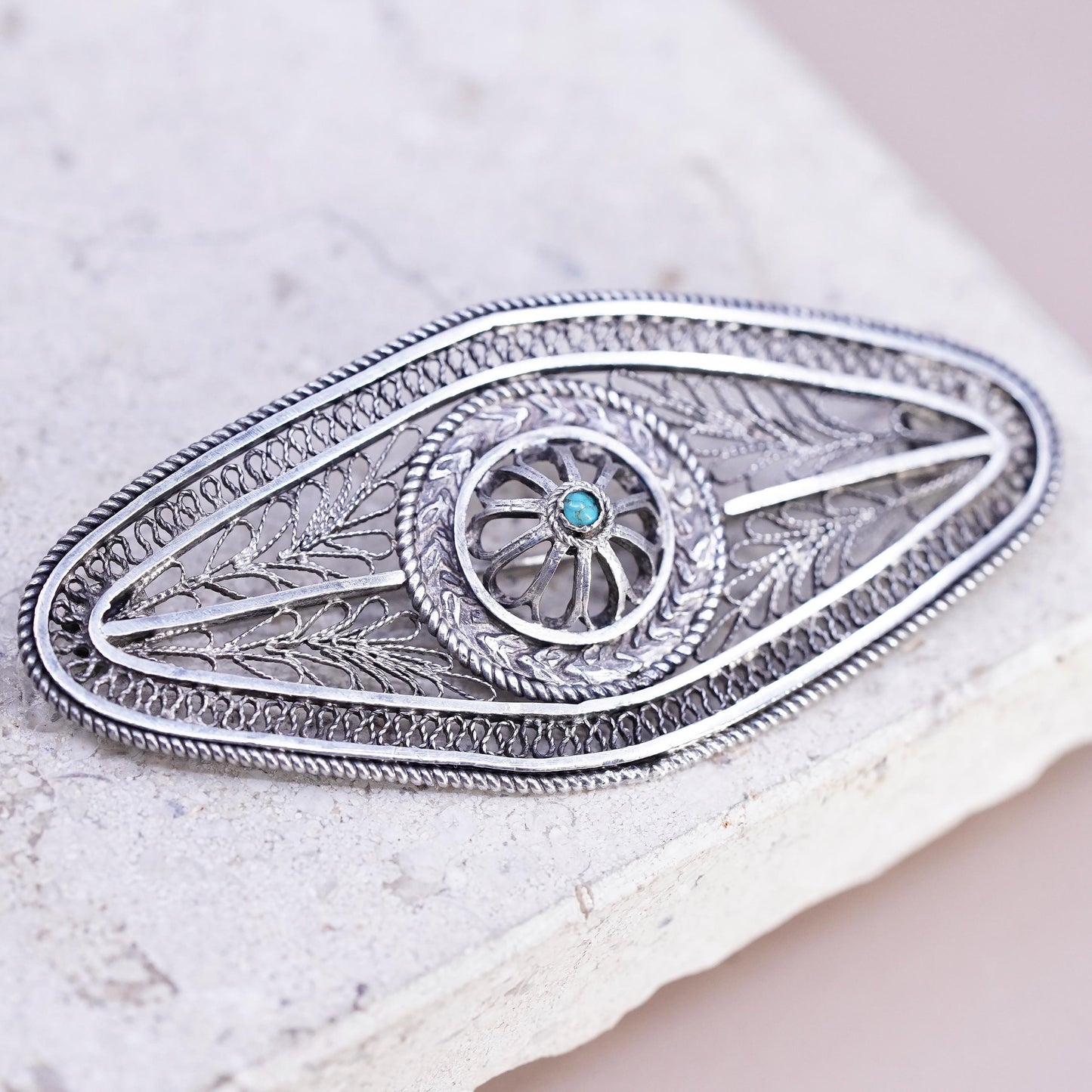 Vintage Native American sterling silver brooch, 925 filigree long pin turquoise