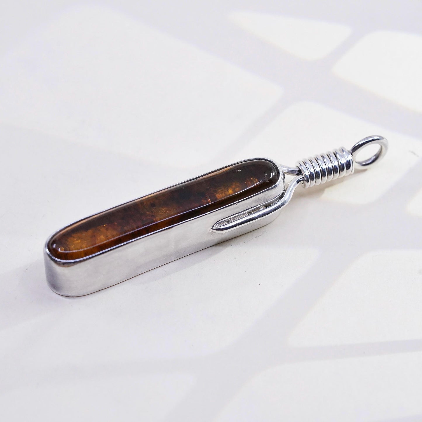 3” Vintage Signed James 950 Sterling silver handmade long pendant amber cable
