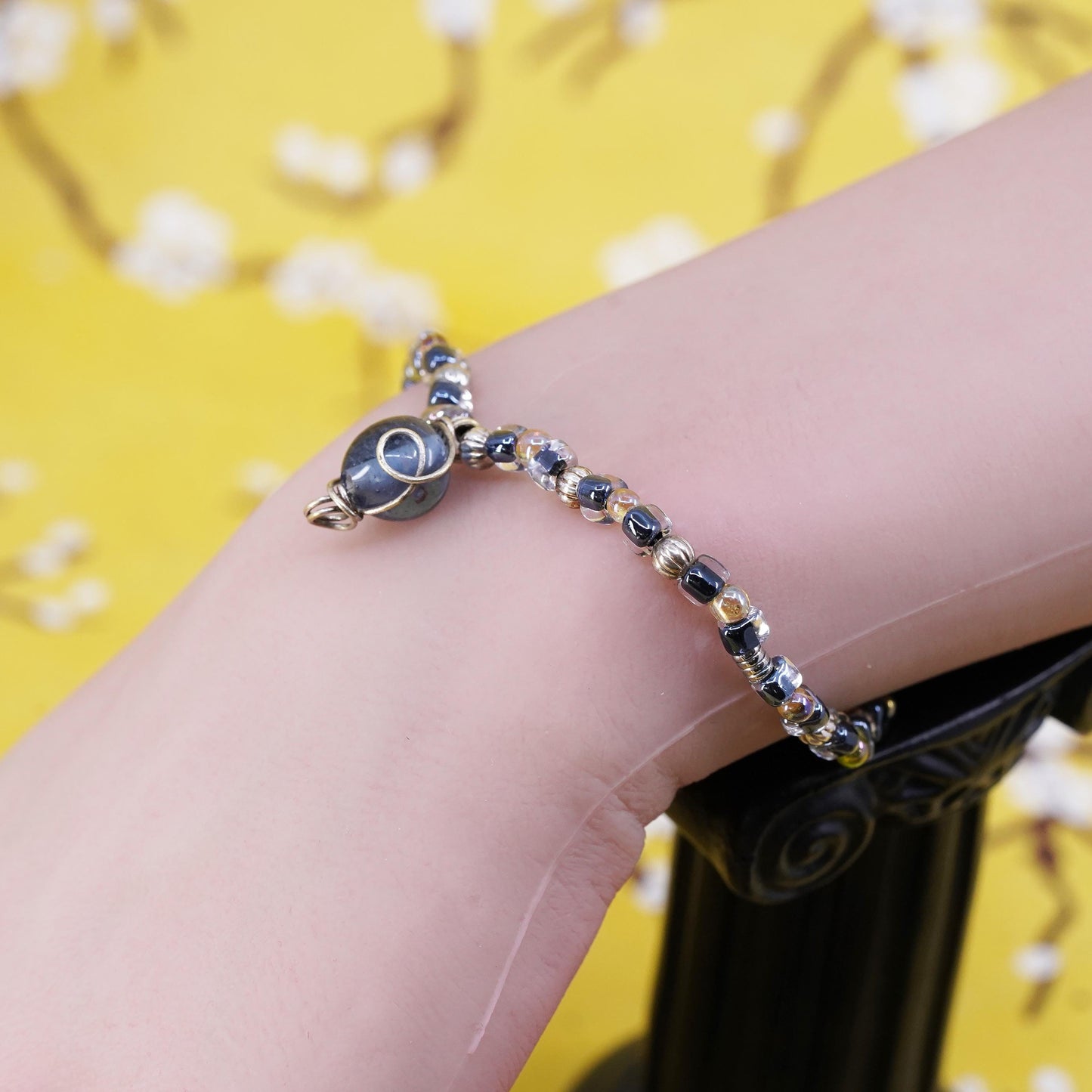 6.25”, sterling silver bracelet, blue glass bead bracelet with 925 silver clasp