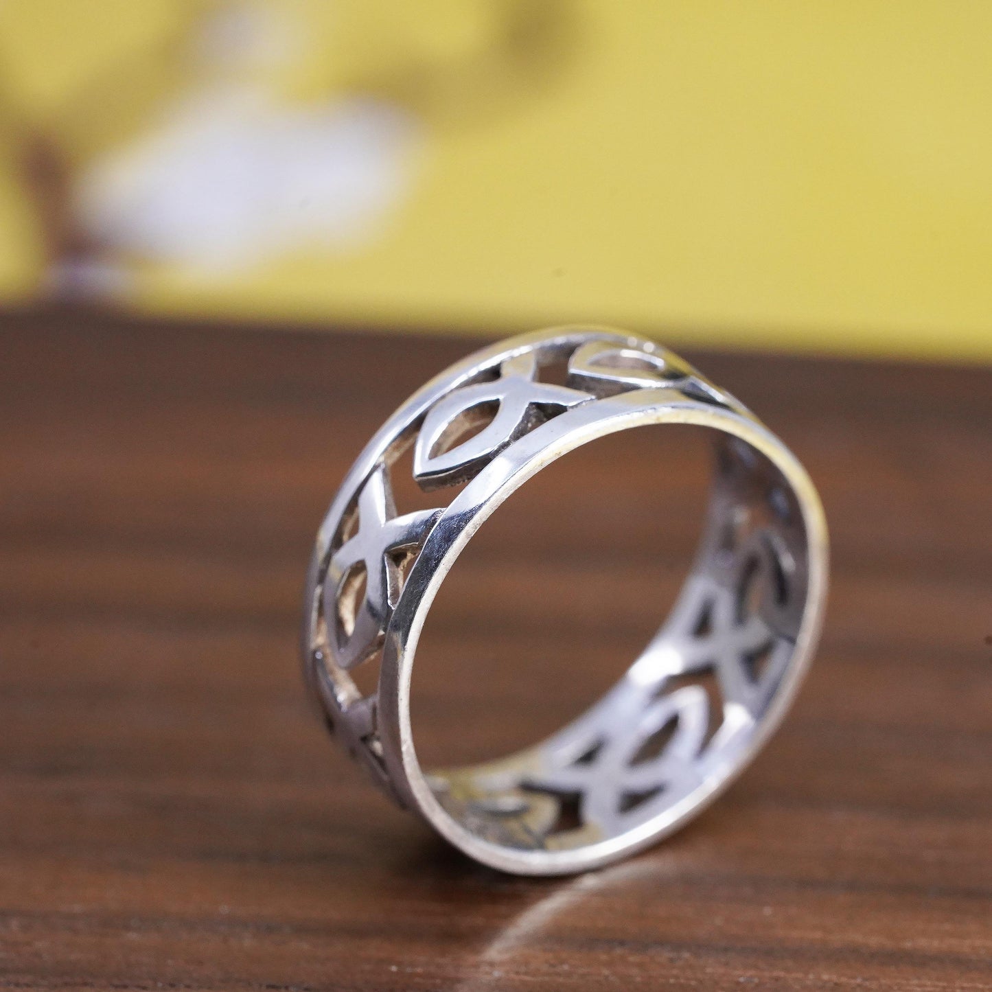 Size 8.75, Sterling Silver 925 Openwork Fish Band, Ichthys Christian Fish Ring