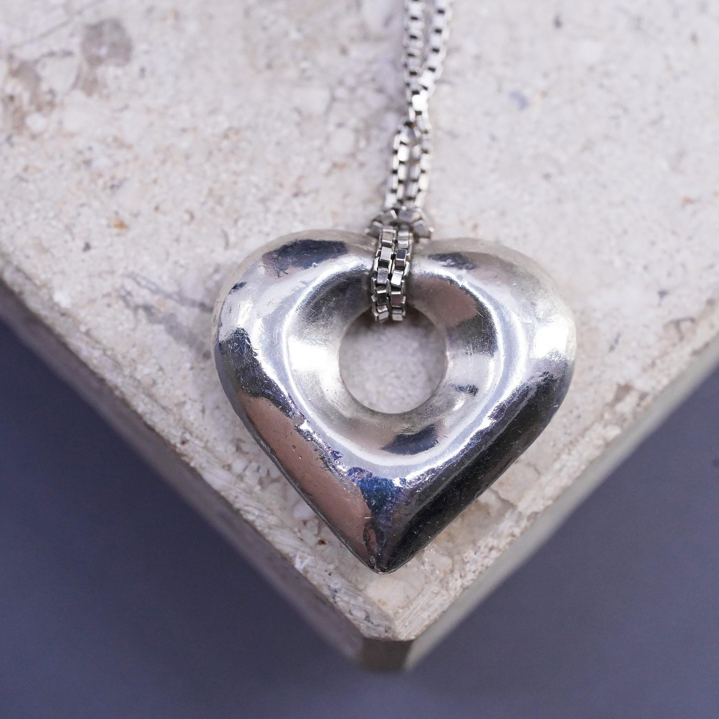 22", vintage Sterling silver necklace, 925 box chain with puffy heart pendant