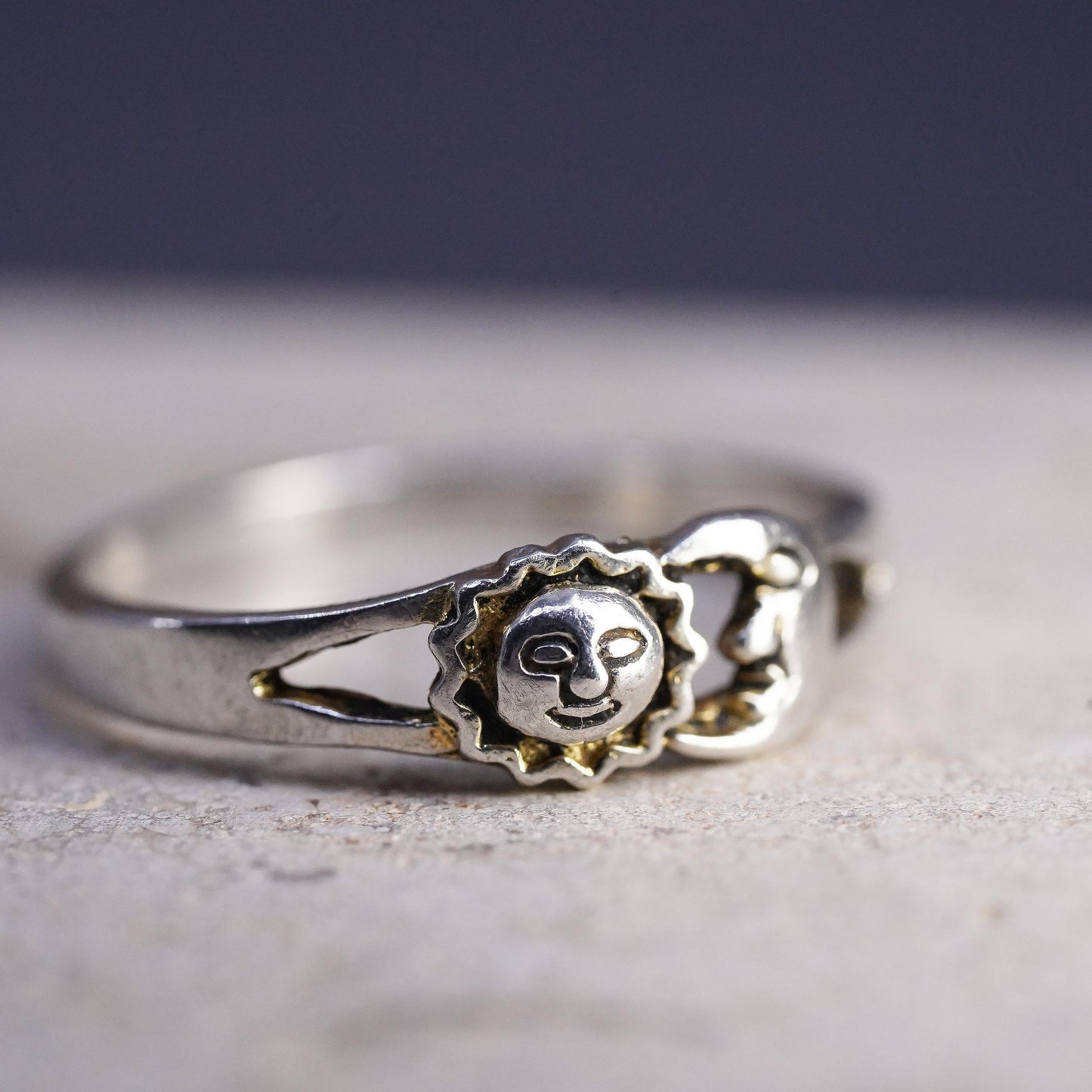 Size 7.75, vintage Sterling silver handmade ring, 925 sun moon face band