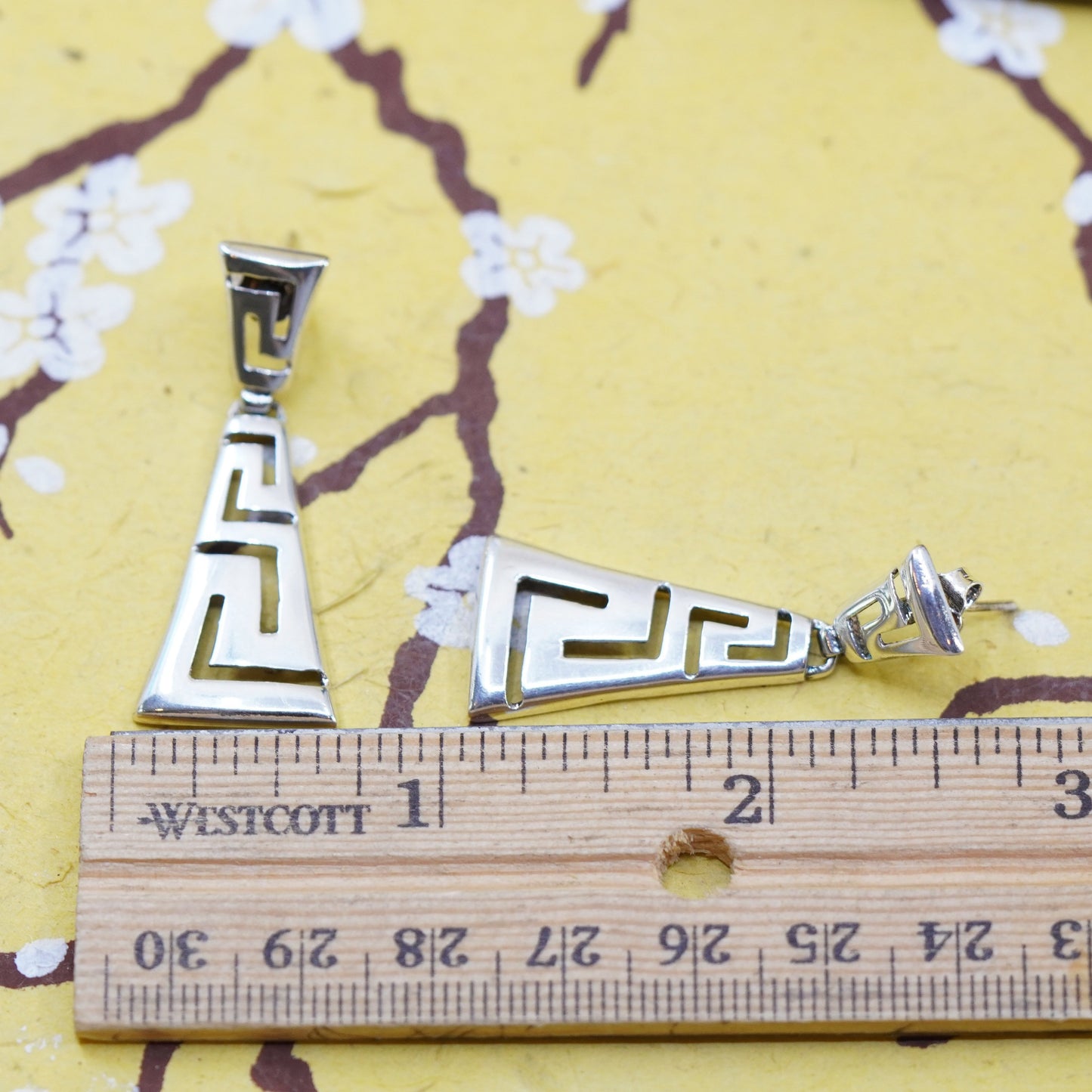 Vintage Sterling silver handmade earrings, 925 teardrop Greek key dangles