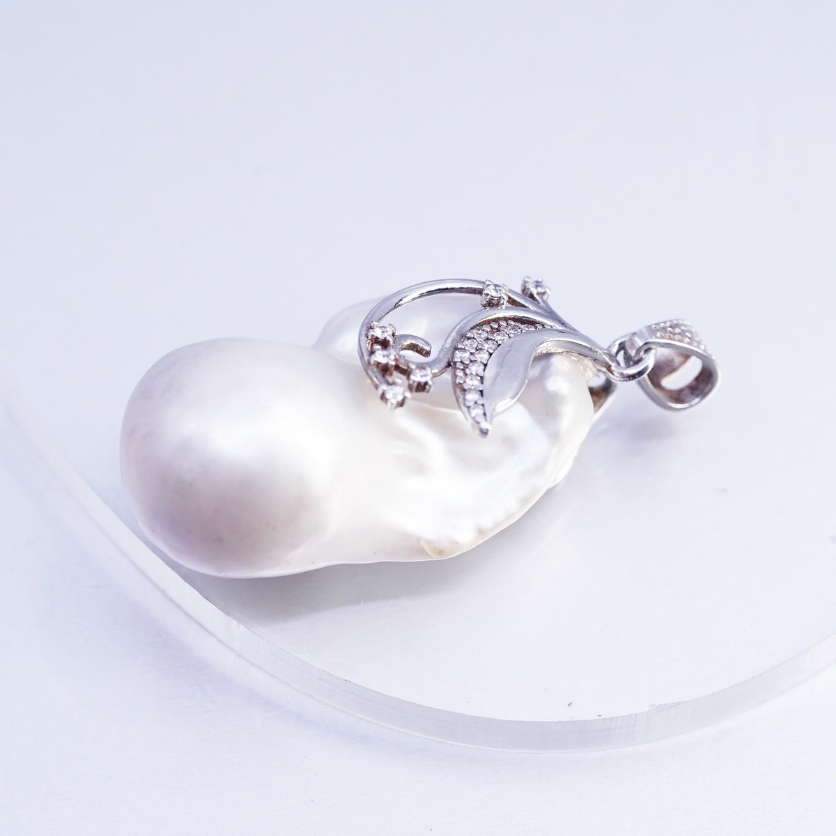 Sterling 925 Silver Baroque Pendant, Keshi Biwa Pearl CZ Leaf Floral Jewelry