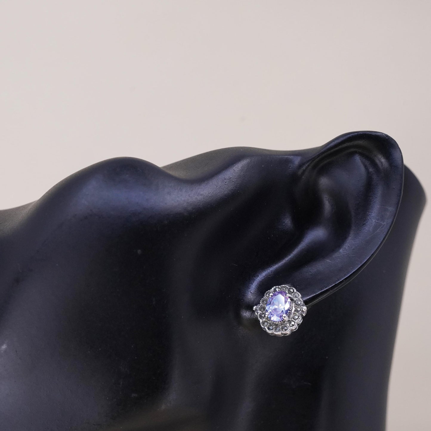 VTG Sterling 925 silver handmade stud with amethyst marcasites, single earring
