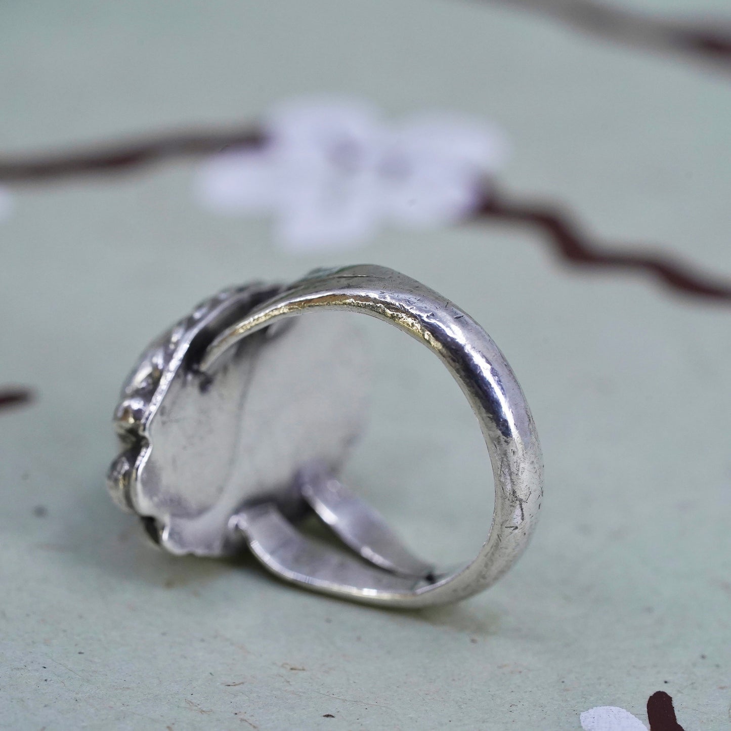 Size 4.5, Vintage sterling 925 silver handmade ring with onyx and bead details