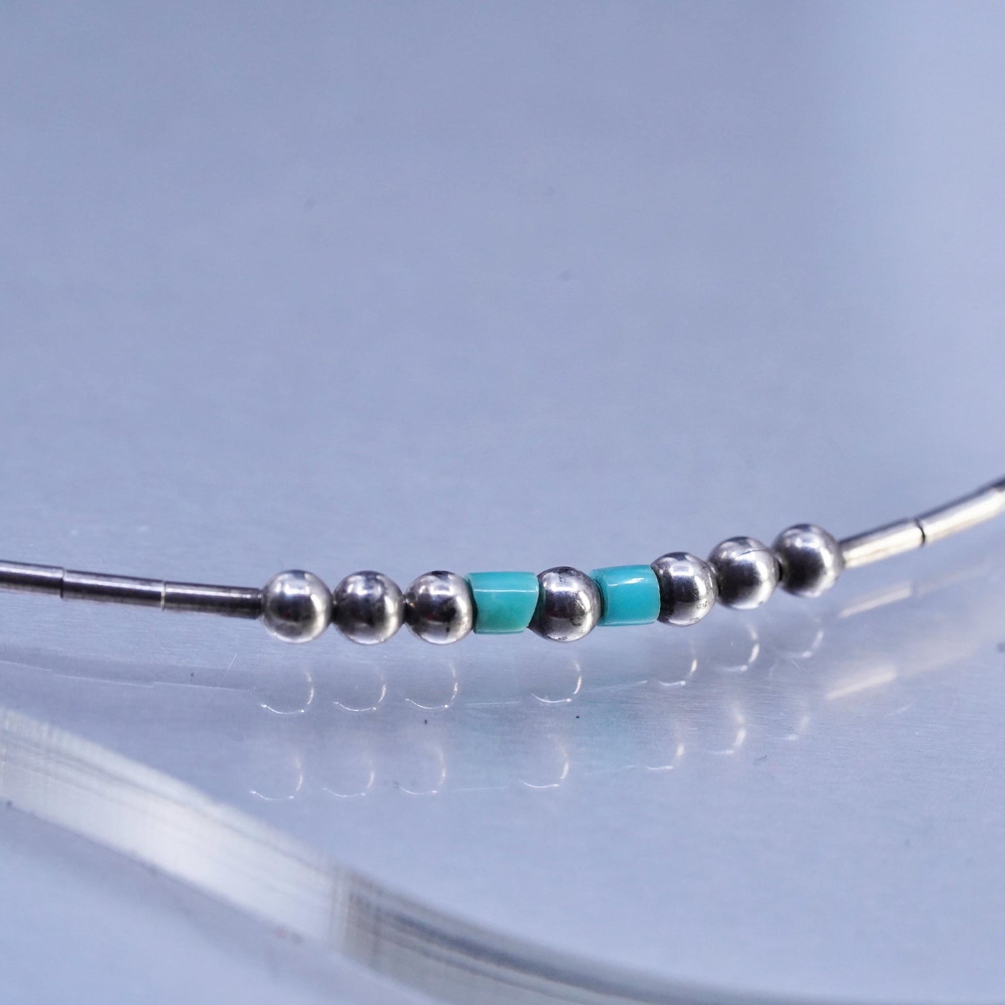 14", Native American Sterling 925 liquid silver necklace with turquoise beads