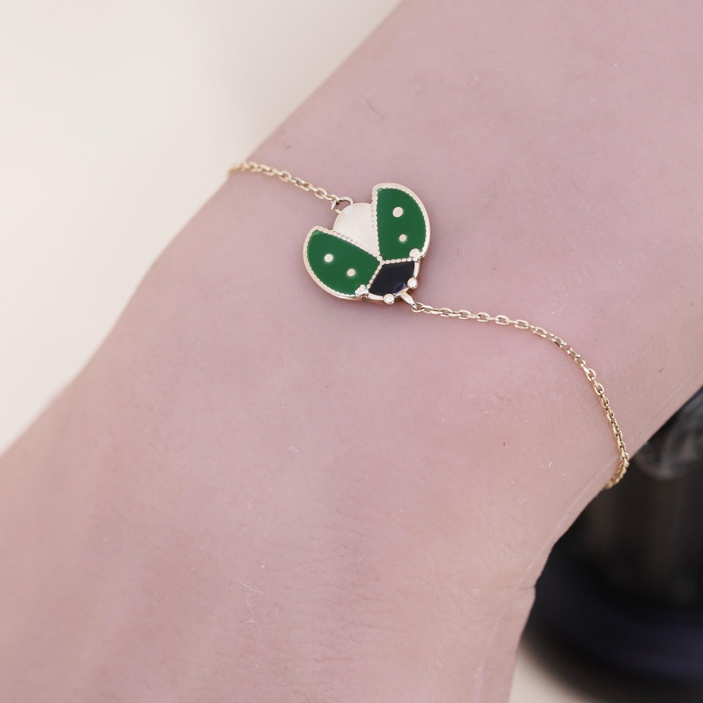 6.25”, vermeil gold over sterling silver bracelet, 925 circle enamel ladybug