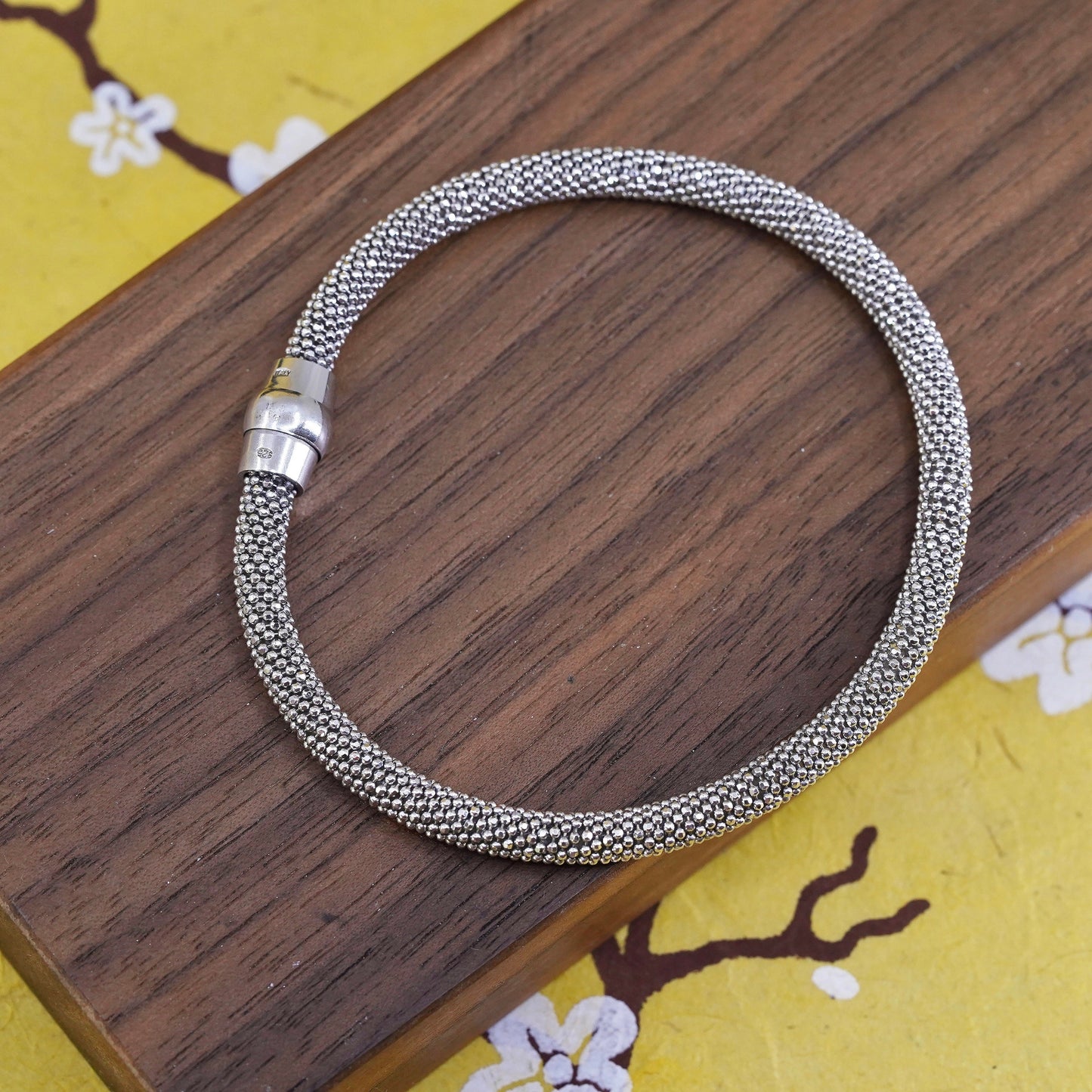 7", Italian Sterling silver handmade bracelet, 925 bangle with textured beads
