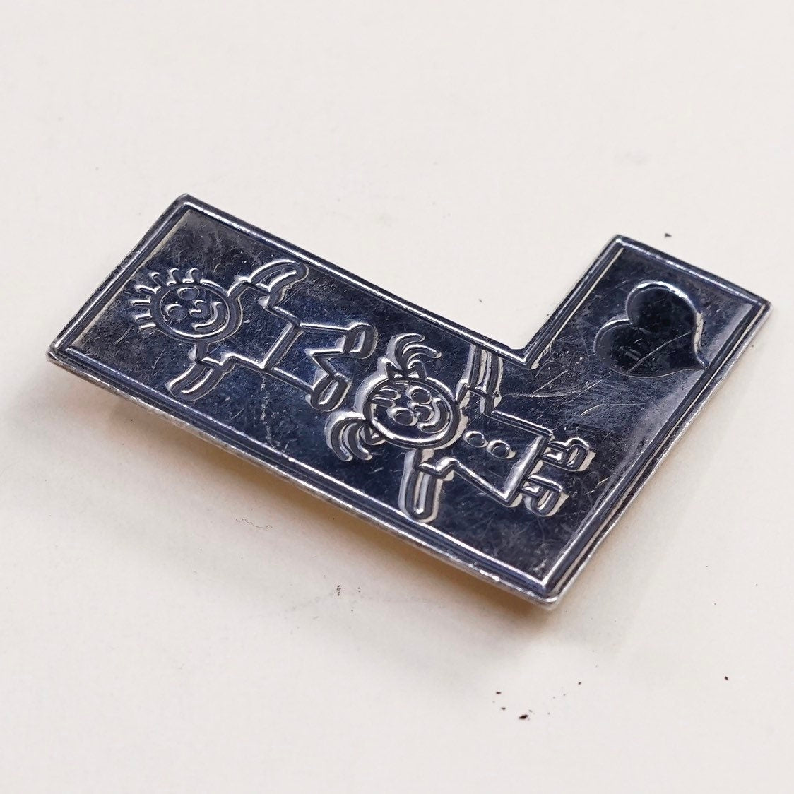 Antique sterling silver handmade brooch, solid 925 silver save the children with hearts, stamped "Mexico 925 EFS”