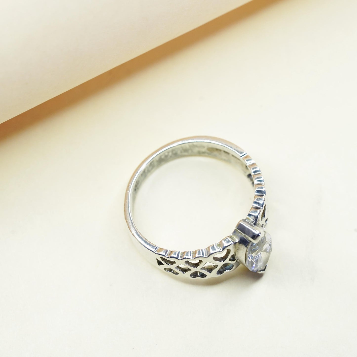 Size 10, VTG 925 Sterling silver filigree ring Marquise cut cz, engagement ring