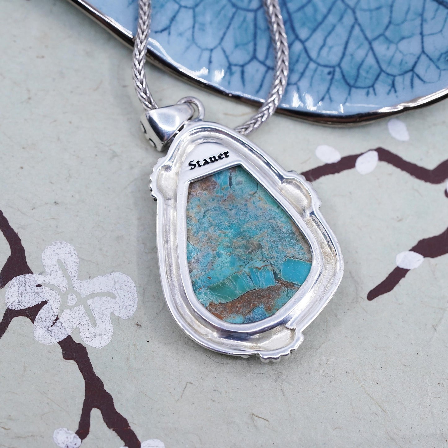 18" southwestern Sterling silver necklace, 925 wheat chain w/ turquoise pendant