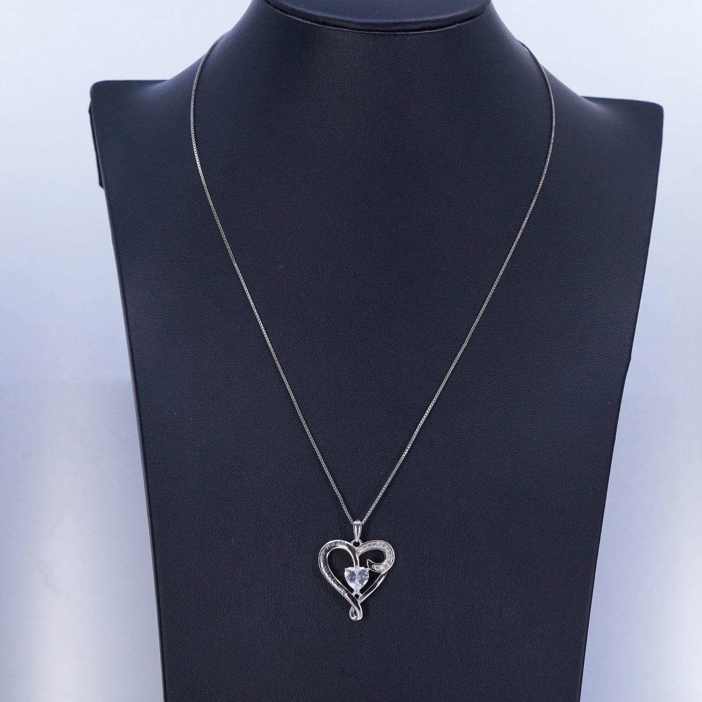 18+1”, Sterling 925 silver box necklace cz heart pendant “always in my heart”