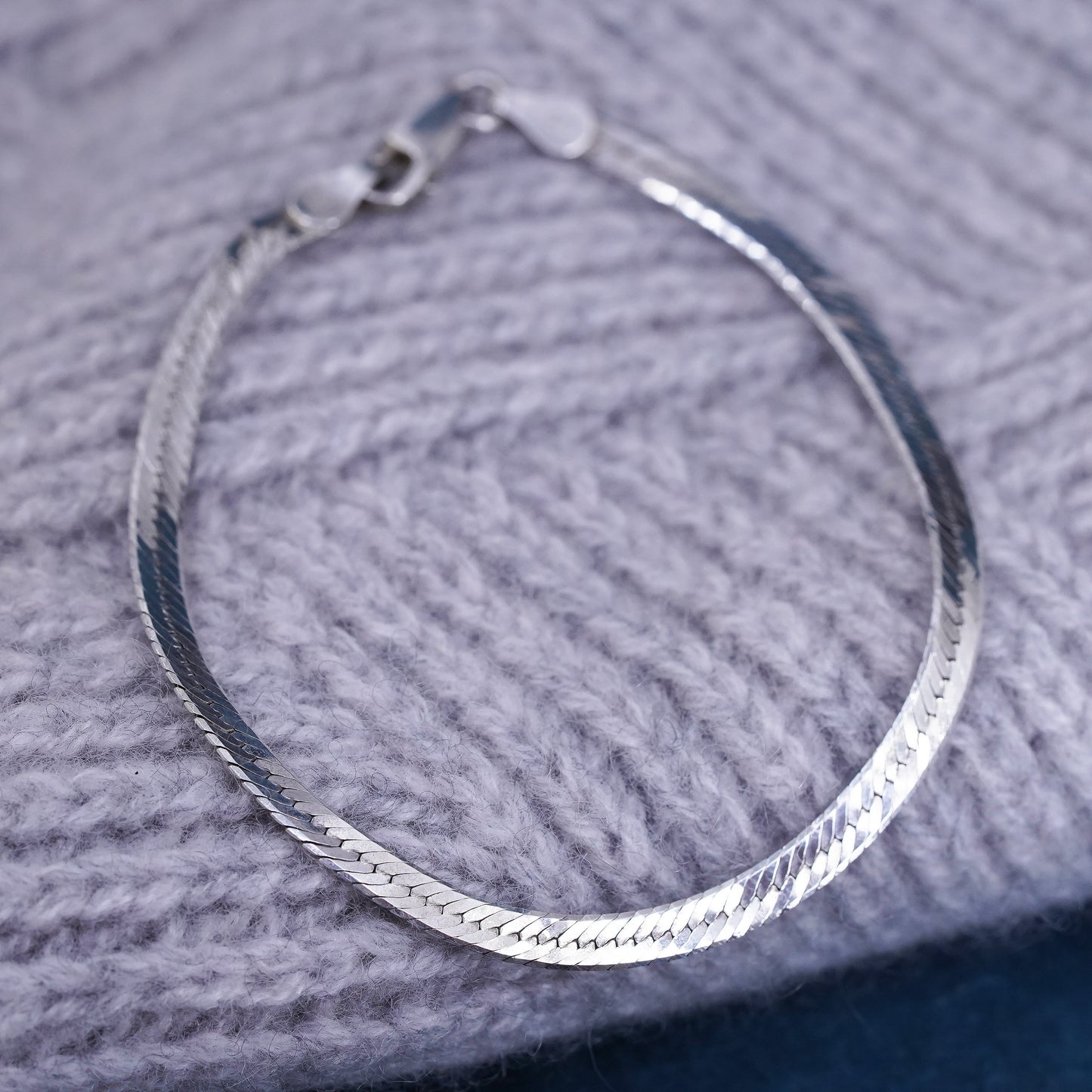 7”, Sterling silver handmade bracelet, heart textured 925 herringbone chain