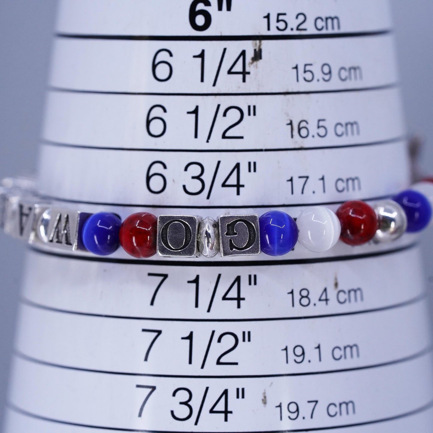 7", Sterling 925 silver bracelet cube letter "Go Warrior", cat eye beads charm